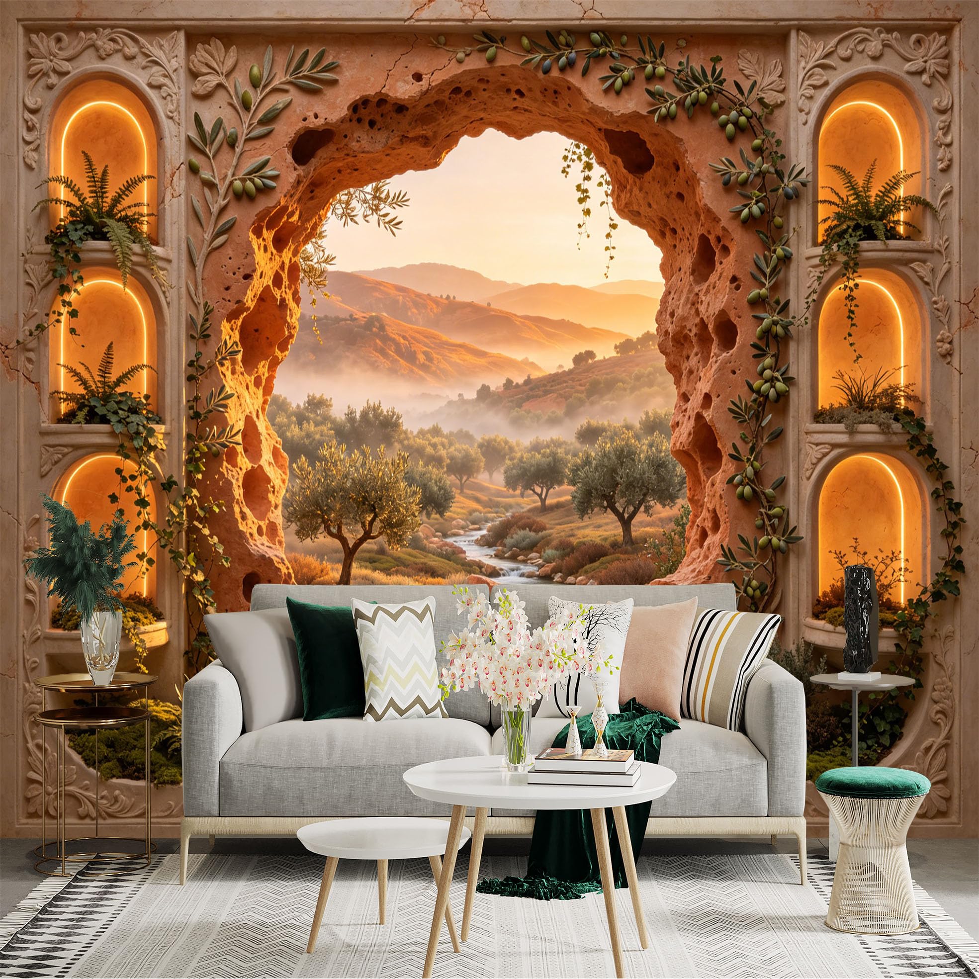 Custom Size Wall Sticker Mural， Mediterranean Landscape with River， Olive Trees and Stone Arch， for wall Decoration， peelandstick wall Decals.