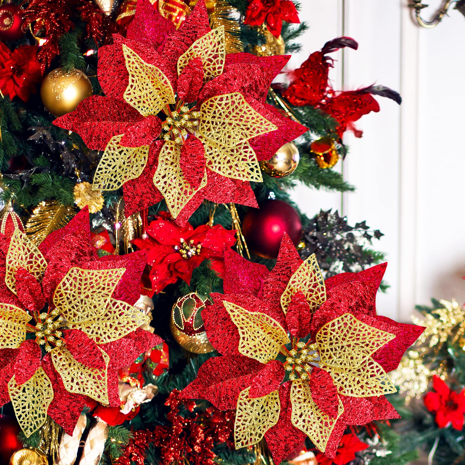 Winlyn 14 Set Weihnachten Rot Metallic Glitzer Künstliche Weihnachtsstern Blumen Picks Weihnachtsbaum Ornamente für rote Weihnachtsbaumkränze Girlande Winter Hochzeit Urlaub Dekoration mit weißer