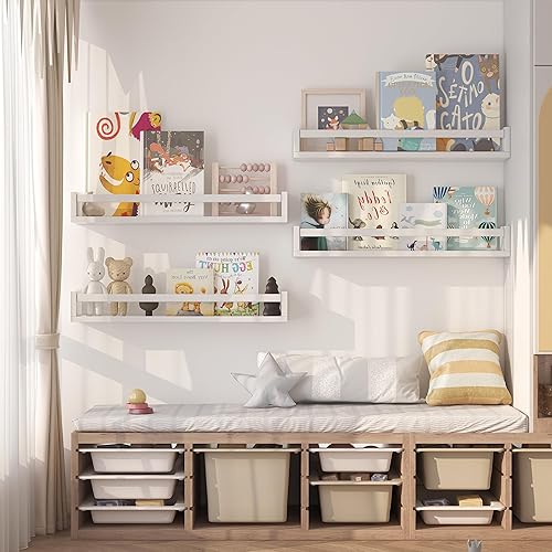 Miniatura 2 de Onlysky - Juego de 4 estantes de pared para libros de niños - Estantes flotantes blancos para habitación de bebé - Construcción duradera de madera