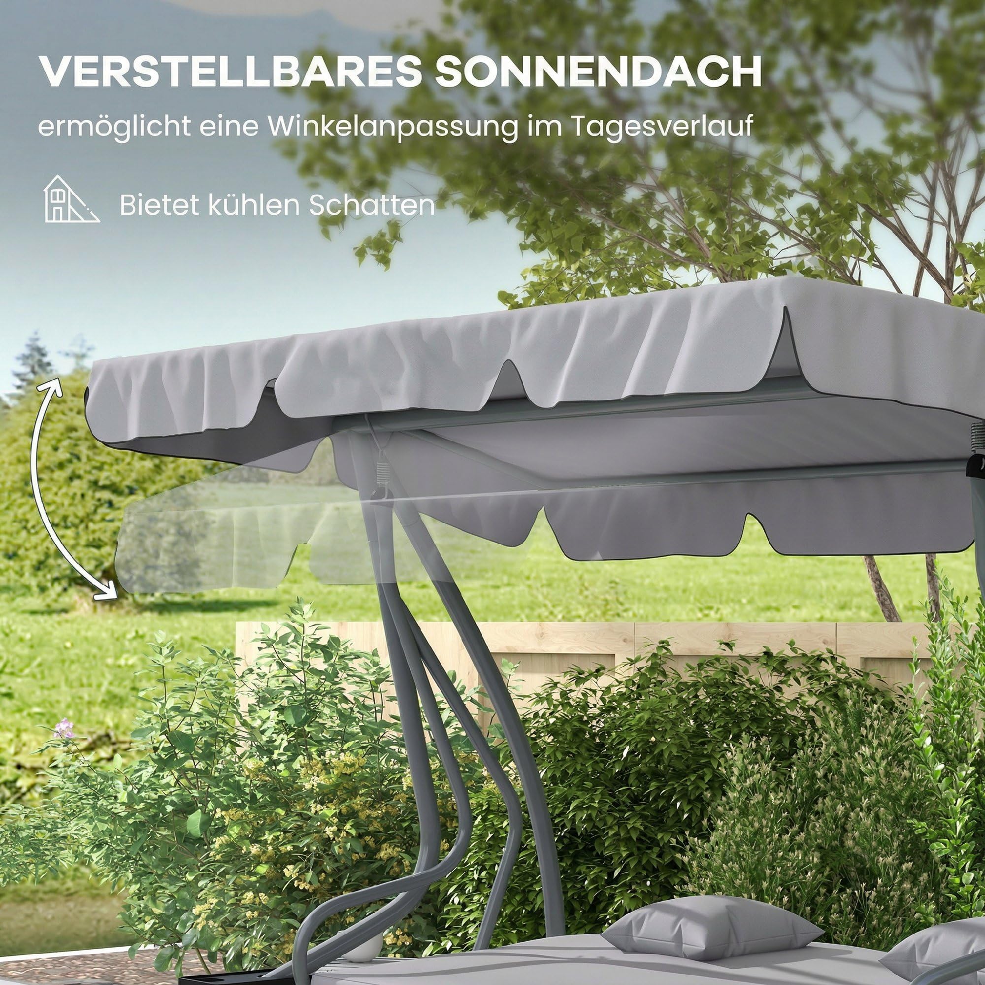Outsunny Hollywoodschaukel mit Liegefunktion, 3-Sitzer Gartenschaukel mit Verstellbarem Dach, Seitenklapptisch, wasserabweisender Schaukelbank belastbar bis 340kg, für Garten, 200x120x164cm, Hellgrau