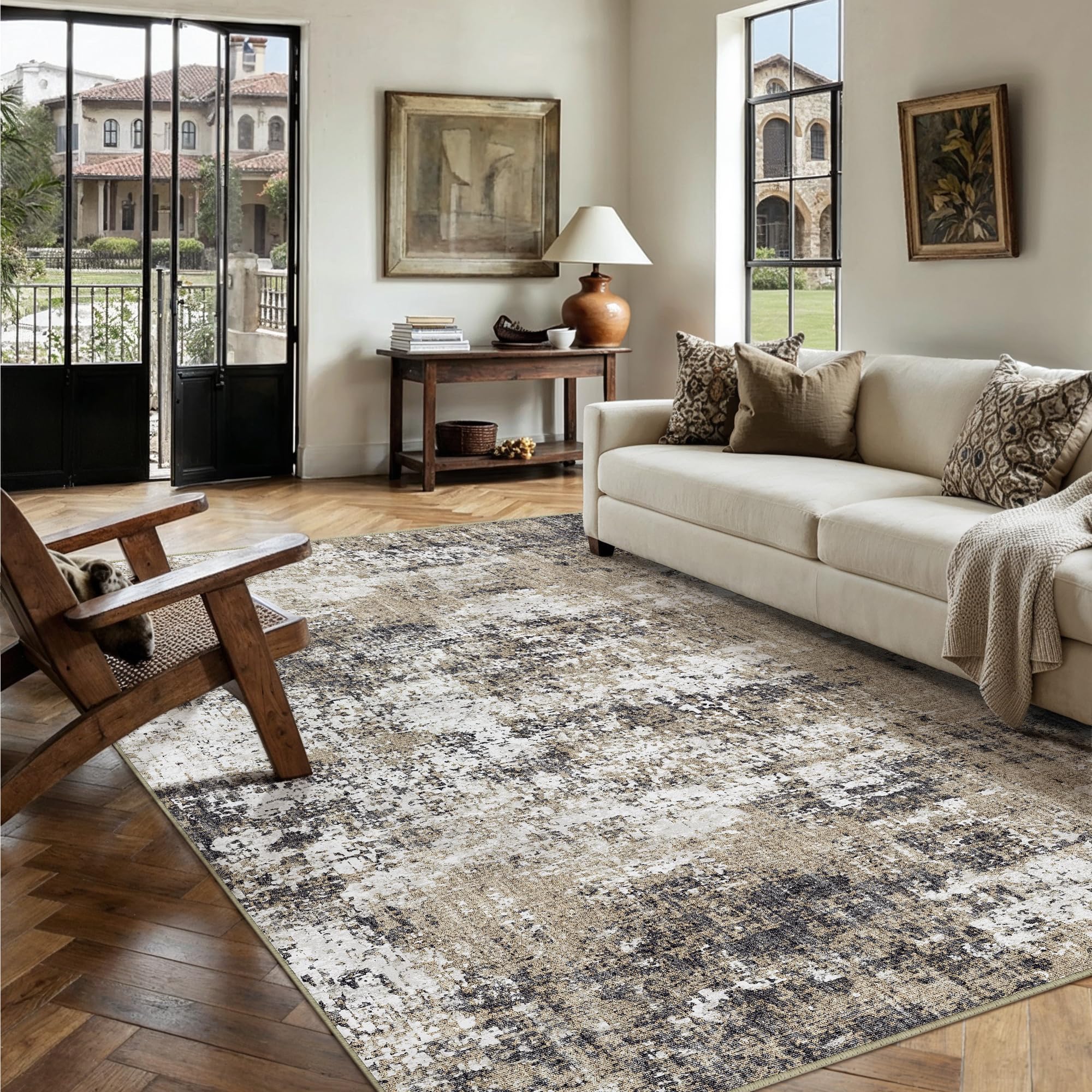 PureCozy 6x9 Abstract Area Rug Brown Washable Modern Neutral Living Room Carpet Non Slip Ultra Soft Low Pile Contemporary Bedroom Large Rug Indoor Office Dining Room Under Table Playroom