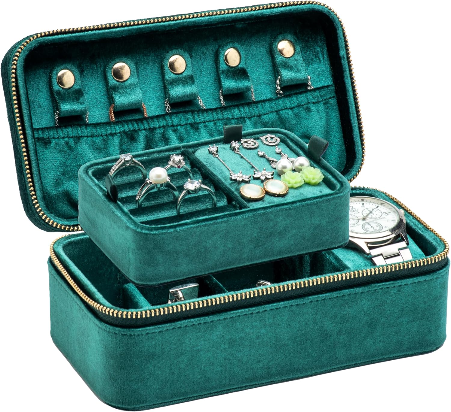 Velvet Multiple Ring Box Jewelry Organizer Display Tray with Zipper Around, Earring Watch Necklace Holder Case for Wedding Birthday Christmas Valentine Day (Green)