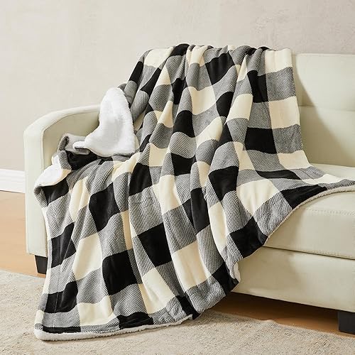 Miniatura 3 de Manta de vellón y sherpa, manta estampada súper suave para sofá, silla o cama, acogedora y lujosa, manta de felpa de 50 x 60 pulgadas, color negro y