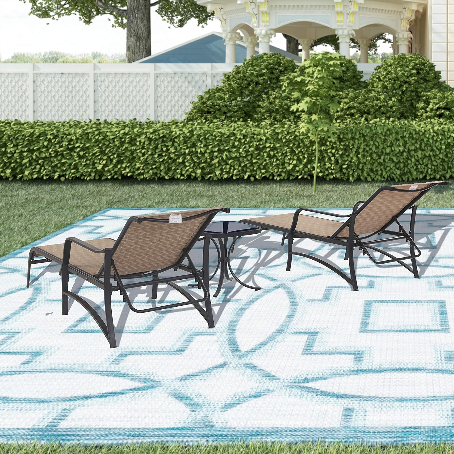 LOKATSE HOME Outdoor Patio Adjustable Metal Chaise Lounge Chair Recliner Set of 2 with 1 Glass Top Bistro Table - Beige : Patio, Lawn & Garden