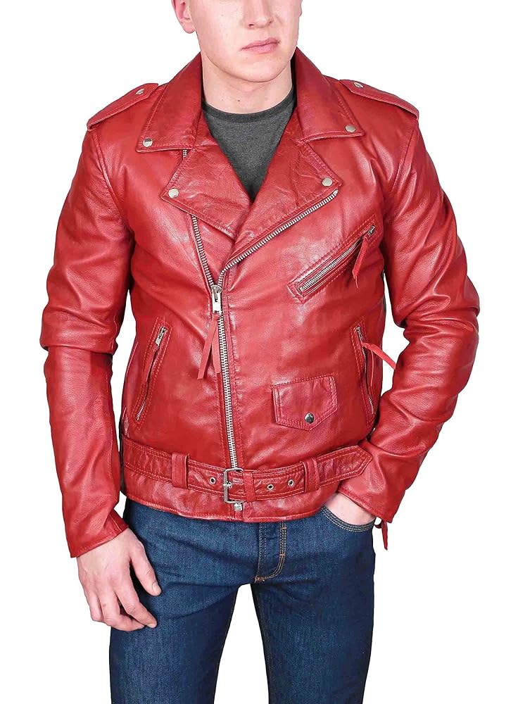 ジャケット・アウター vintage belt design leather jacket red A1 FASHION GOODS Mens Red Leather Biker Jacket Fitted With