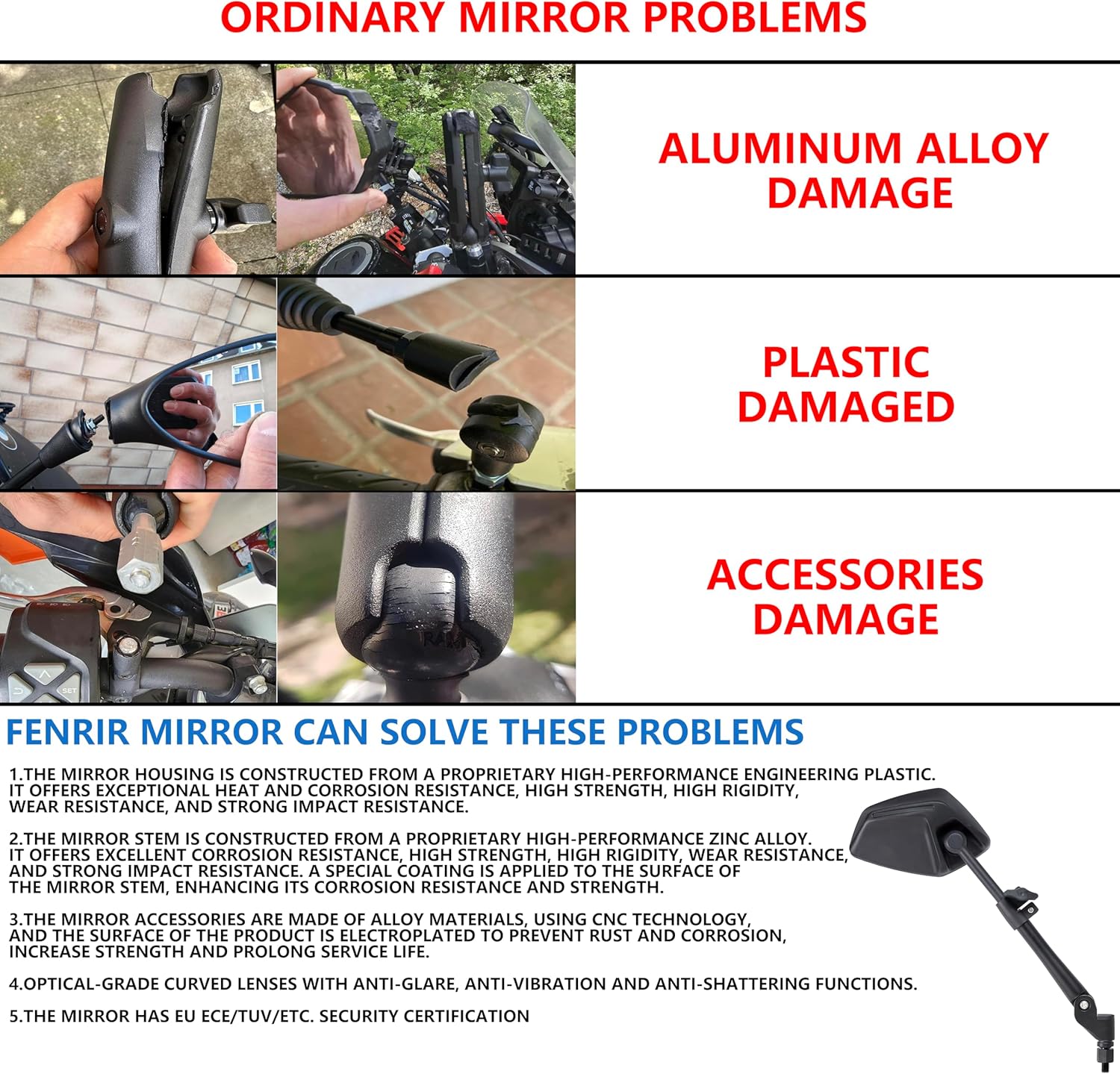 FENRIR Motorcycle Mirrors Side Mirror Indestructible Folding Function Anti-glare Curved Lenses Anti-vibration Design Adjustable Designed for road off-road Adventure Enduro Street Touring(801-0118)