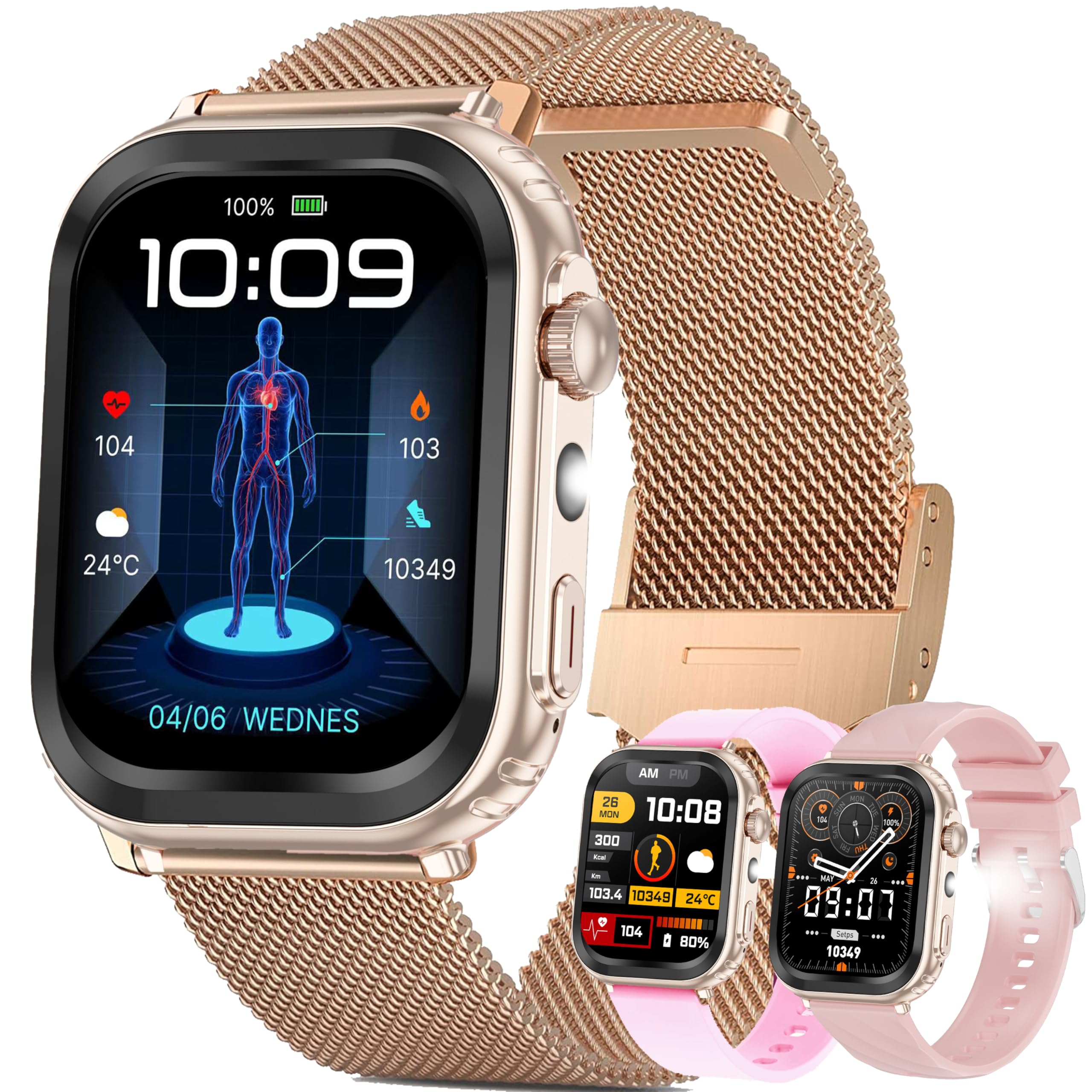 Reloj Inteligente Mujer con Llamadas, 2,01 Pulgada Smartwatch Hombre Deportivo con Podometro Pulsometro SpO2 Sueño Presion Arterial Actividad 1ATM Reloj Digital para iOS Android (Rosa)