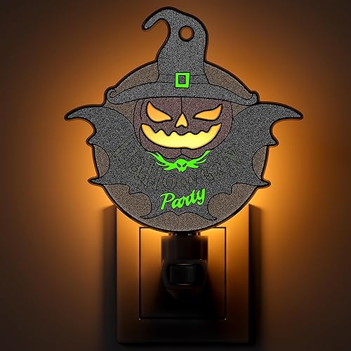 Halloween Bat Pumpkin Luminous Night Lights Plug into Wall, Fluorescence Metal Bright Plug in Nightlight, Halloween Christmas Valentine Holidays Gift