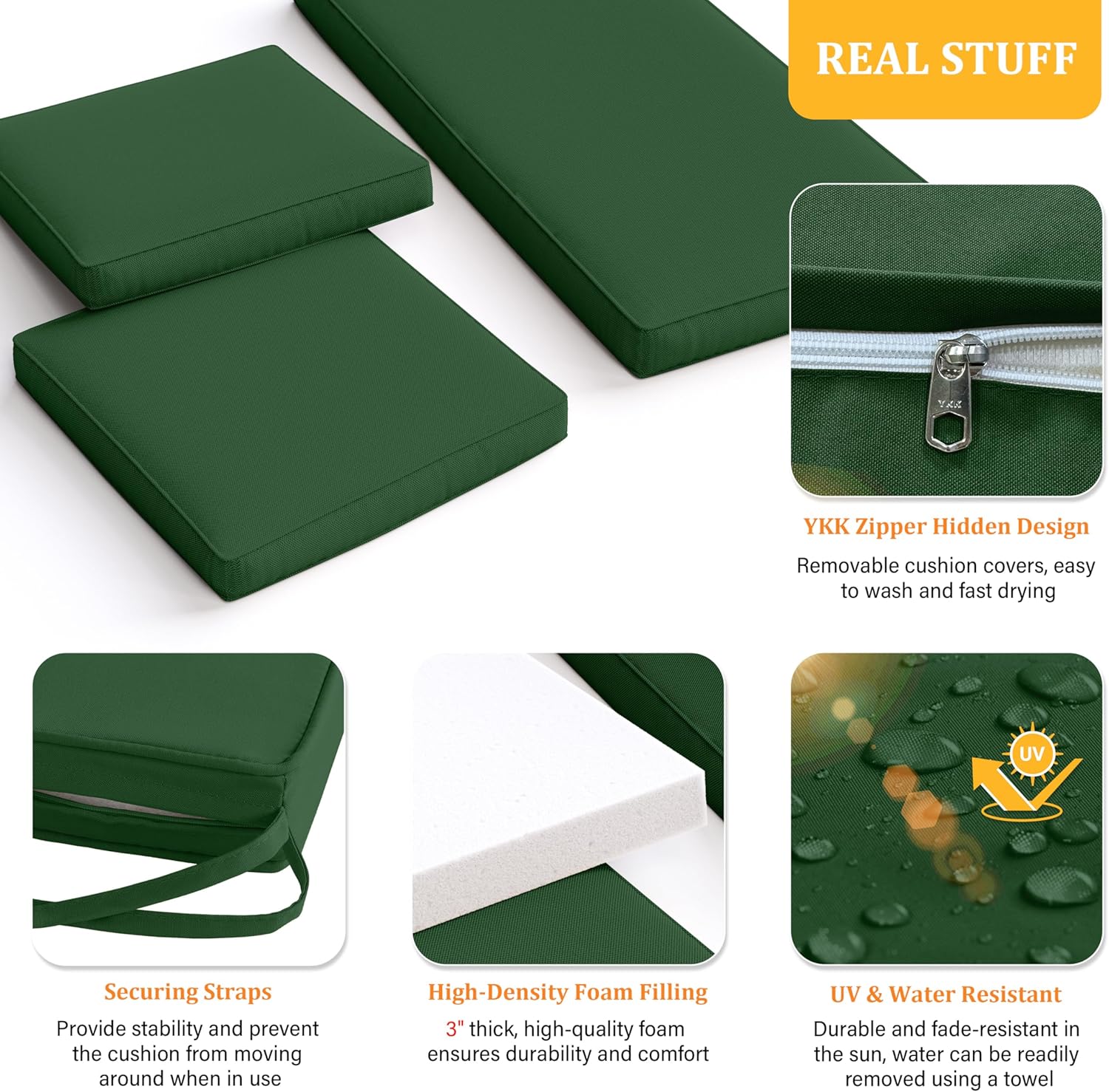 3 Pack Outdoor Replacement Cushions, Fit for 4-Seater Wicker Rattan Patio Conversation Set, 36x18x3,18x18x3, Liner & Cover