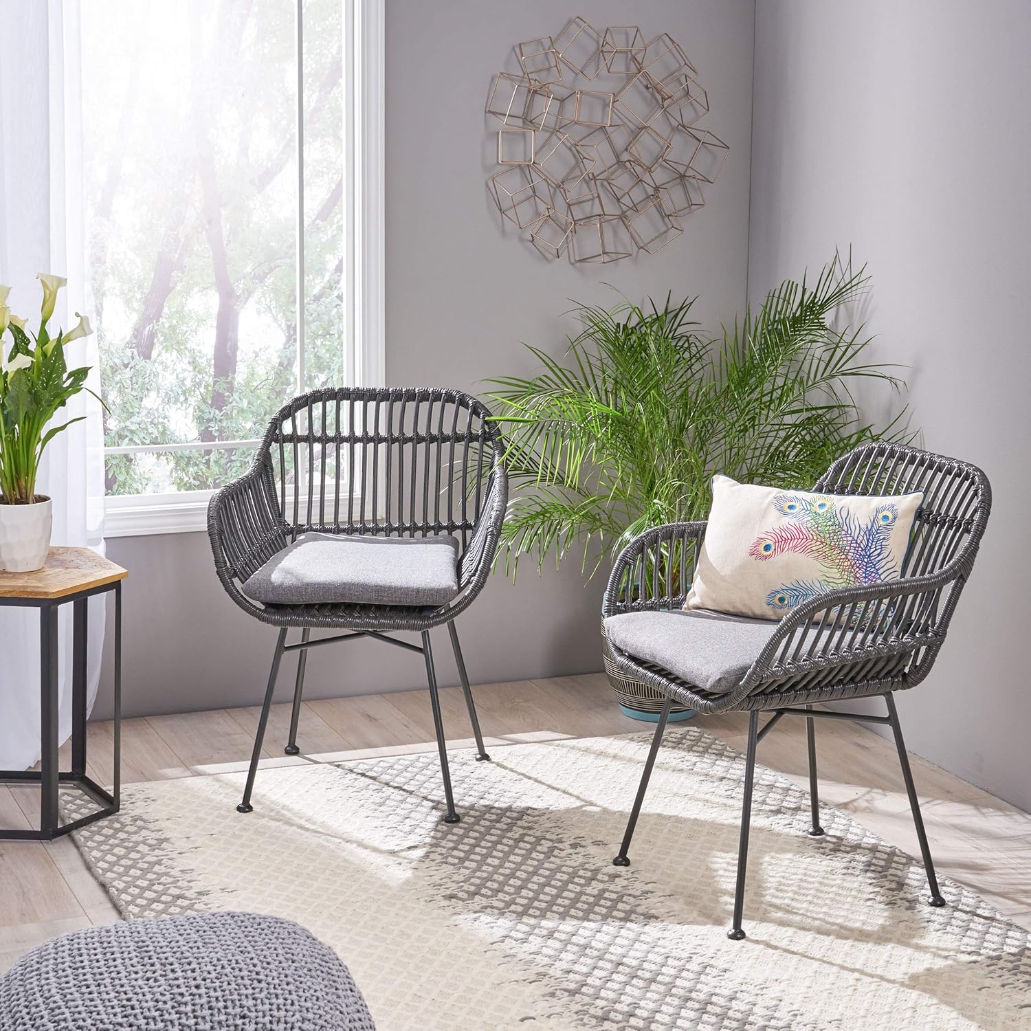 Christopher Knight Home Rodney Indoor Woven Faux Rattan Chairs with Cushions (Set of 2), Dark Gray Finish