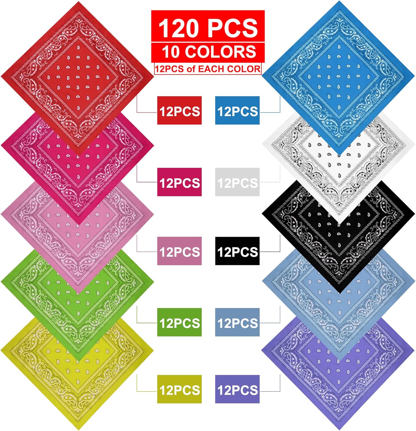 120 Pcs bandanas,Bulk Head Scarf,22 inch Head Wrap,Polyester Headband,Unisex handkerchief,Bandana for Men Women - Image 2