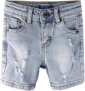 KIDSCOOL SPACE Baby Little Boys Summer Denim Shorts, Ripped Soft Elastic Band Inside Half Jean Pants