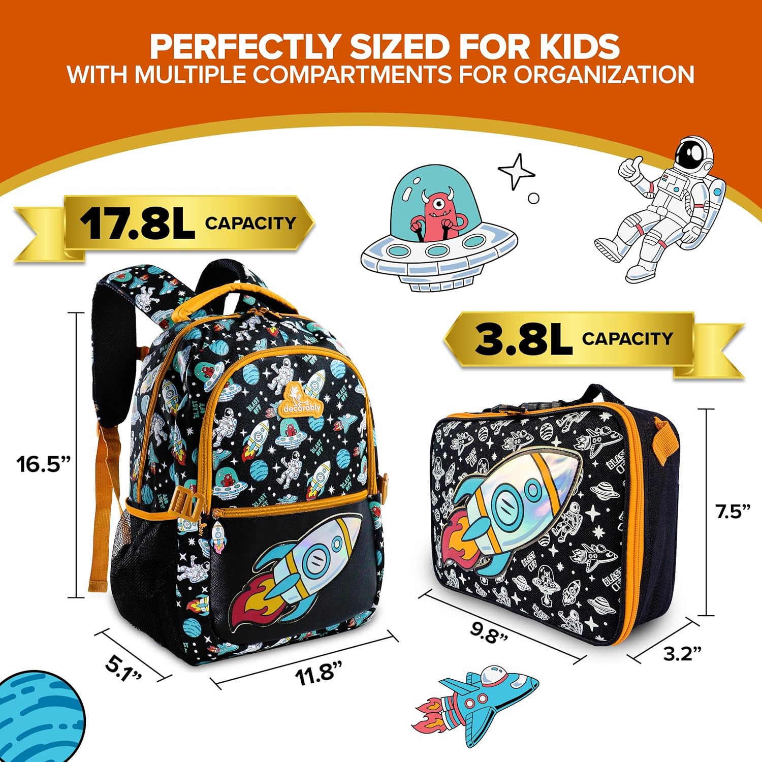 Decorably 2Pc Set Space Backpack for Boys with Lunch Bag with Holographic Rocket Patch, Multi-Compartment Rocket Ship Space Book Bag and Lunchbox for School - Image 5