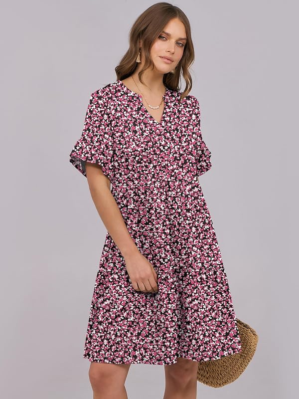 ANRABESS Women's Summer Casual Dress, V-Neck Ruffle Sleeve Tiered Mini Dress, Soft Comfy Fabric with Pockets for All-Day Wear Black Pink Floral Large by ANRABESS - Used condition - Image 3