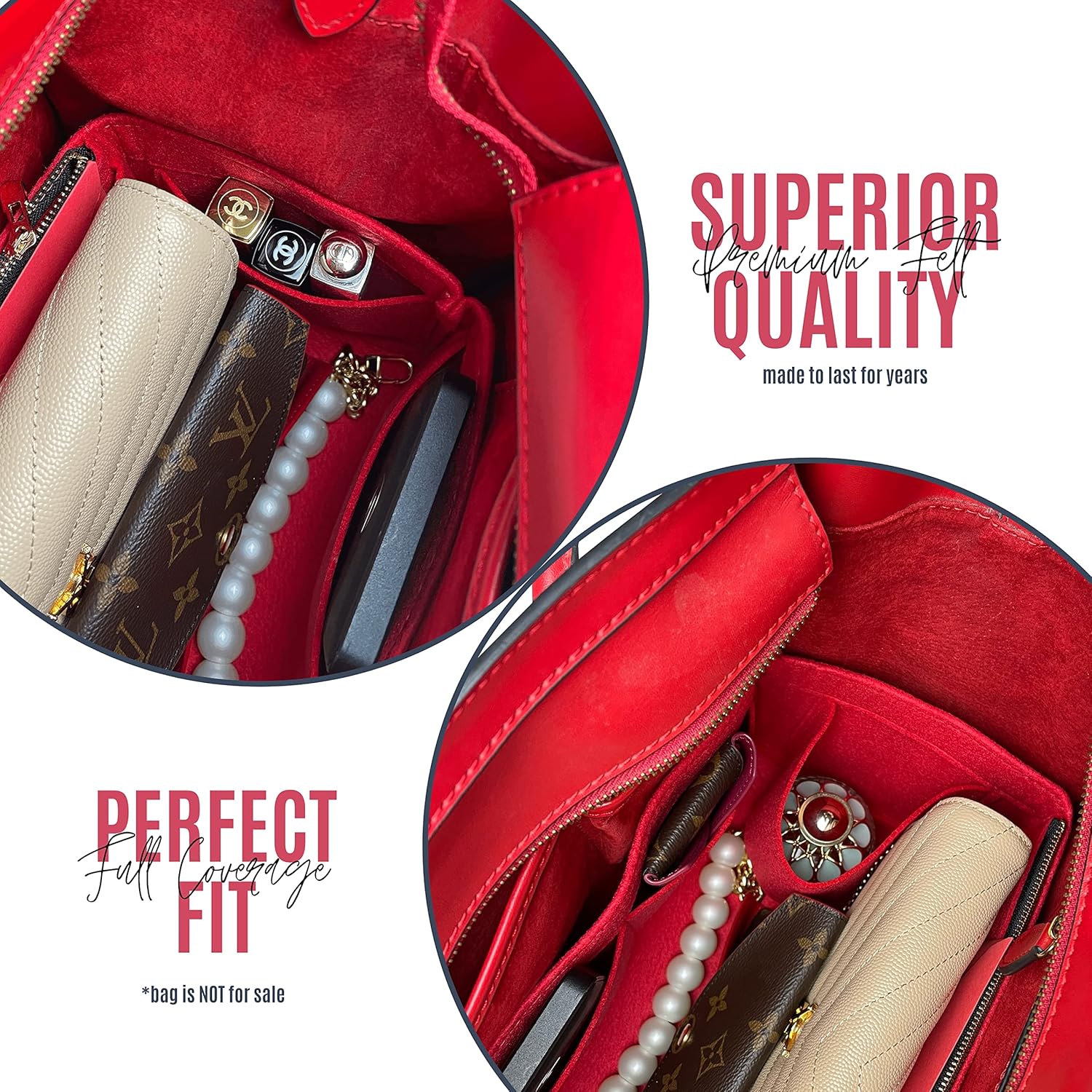 Premium Purse Organizer compatible with Luggage Nano/Micro/Mini/Medium Bag Insert — Perfect Fit, Durable Quality Felt, Full Coverage & No Bulking, 24+ Shades (for Luggage Nano, Red)