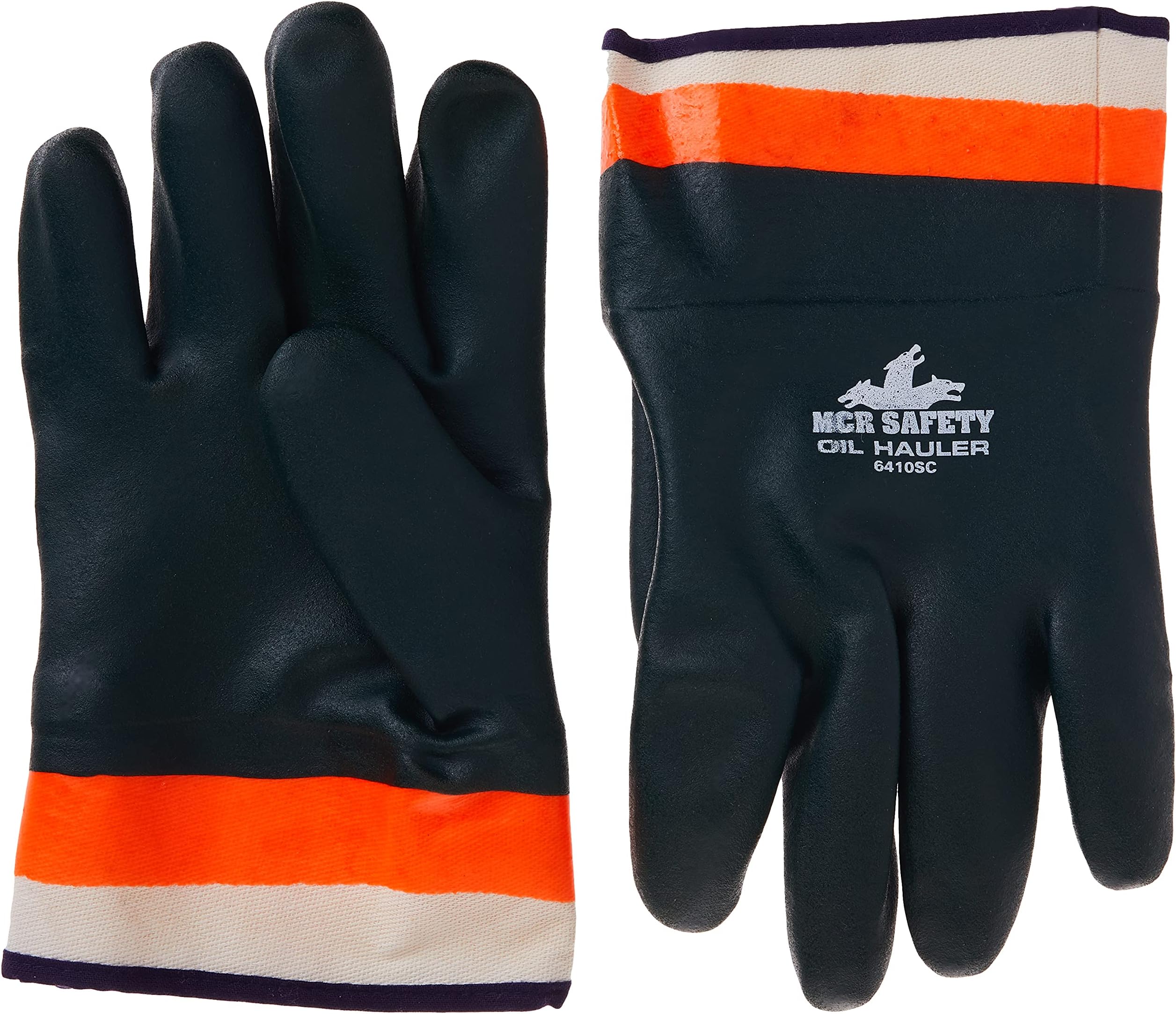 MCR Safety 6410SC Double-Dipped PVC Jersey Lined Sandpaper Finish Men's Gloves with Plasticized Safety Cuff, Green/Orange, Large, 1-Pair