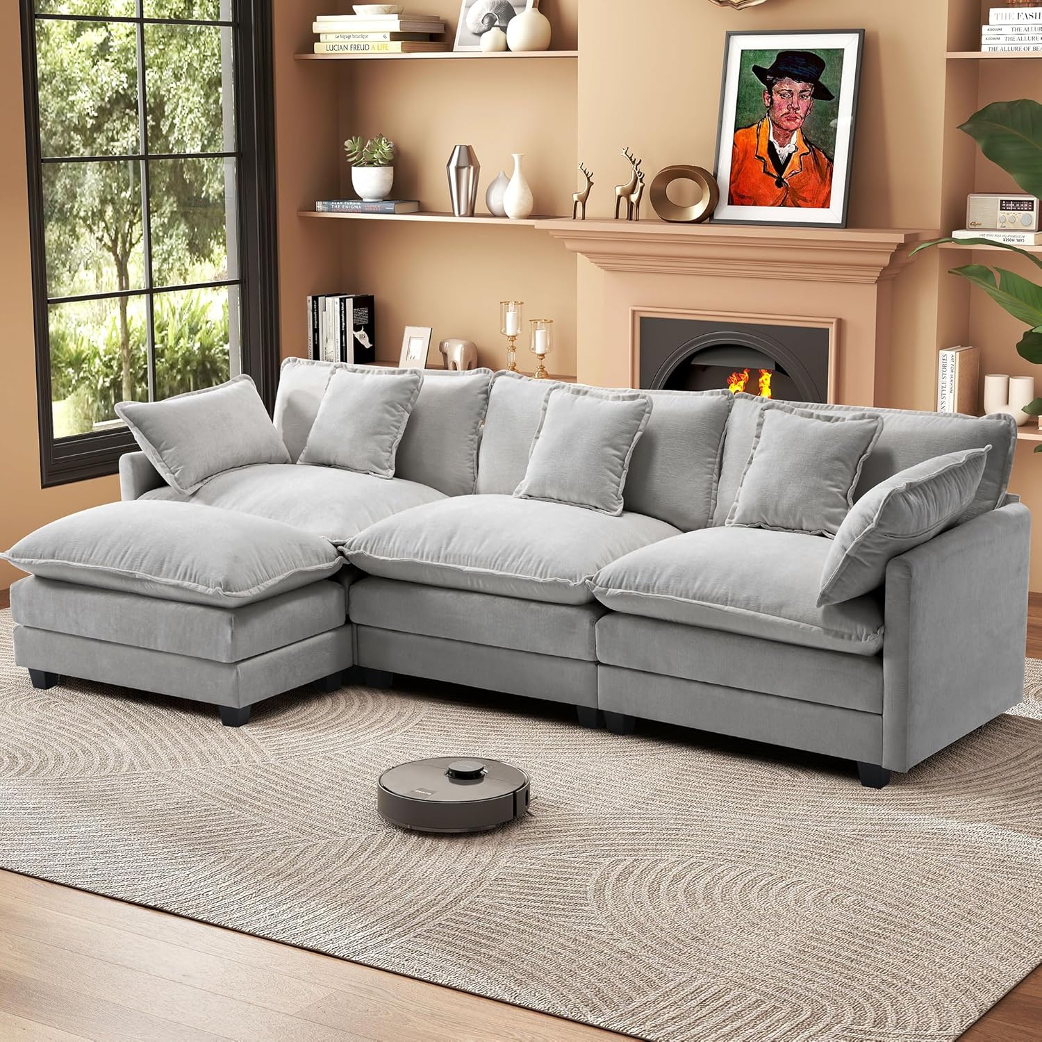 Urhanherry 111.4” Modular Sectional Sofa, U Shape Cloud Couch with 2 Movable Ottoman, Comfy Chenille Deep Seat Sofa with Soft Pillows for Living Room Apartment （Beige）
