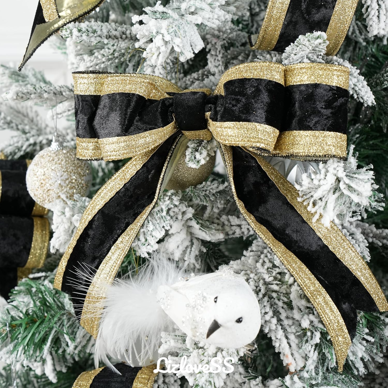 Black and Gold Velvet Wired Ribbon 2.5" X 10 Yards Black Velvet with Gold Glitter Border Stripe Christmas Ribbon for Tree, Wreath Supplies, Garlands Making, Crafts Projects, Home Decor