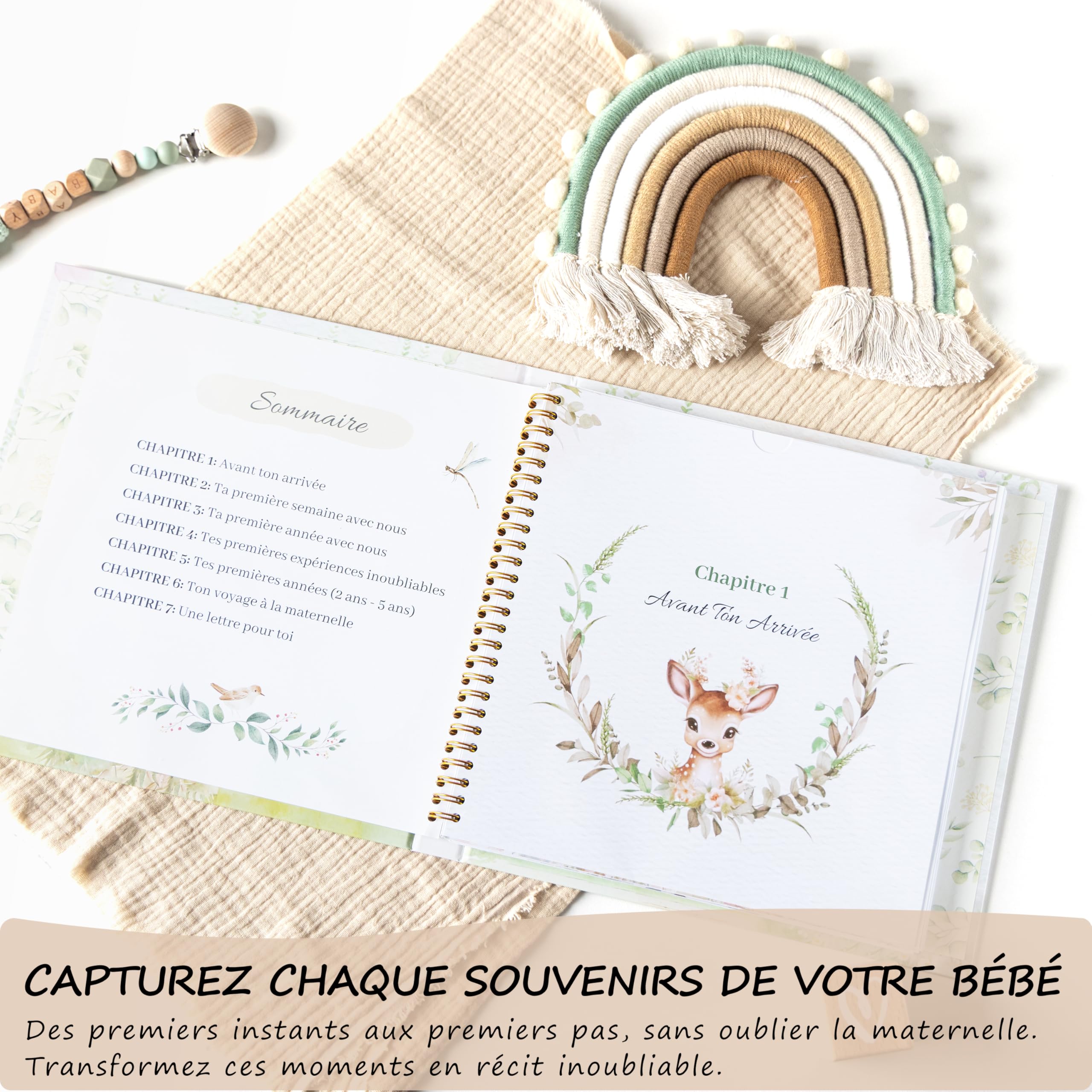 Libro de nacimiento para bebé (113 páginas, 13 cartas, mes al mes, bebé, 2 tarjetas, incluye el anuncio de padrina