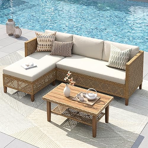 PHI VILLA Wicker Patio Furniture Set, Outdoor L-Shaped Sectional Sofa with Cushions and Acacia Wood Coffee Table, Boho Style for Garden, Deck, or Poolside Lounge，Beige