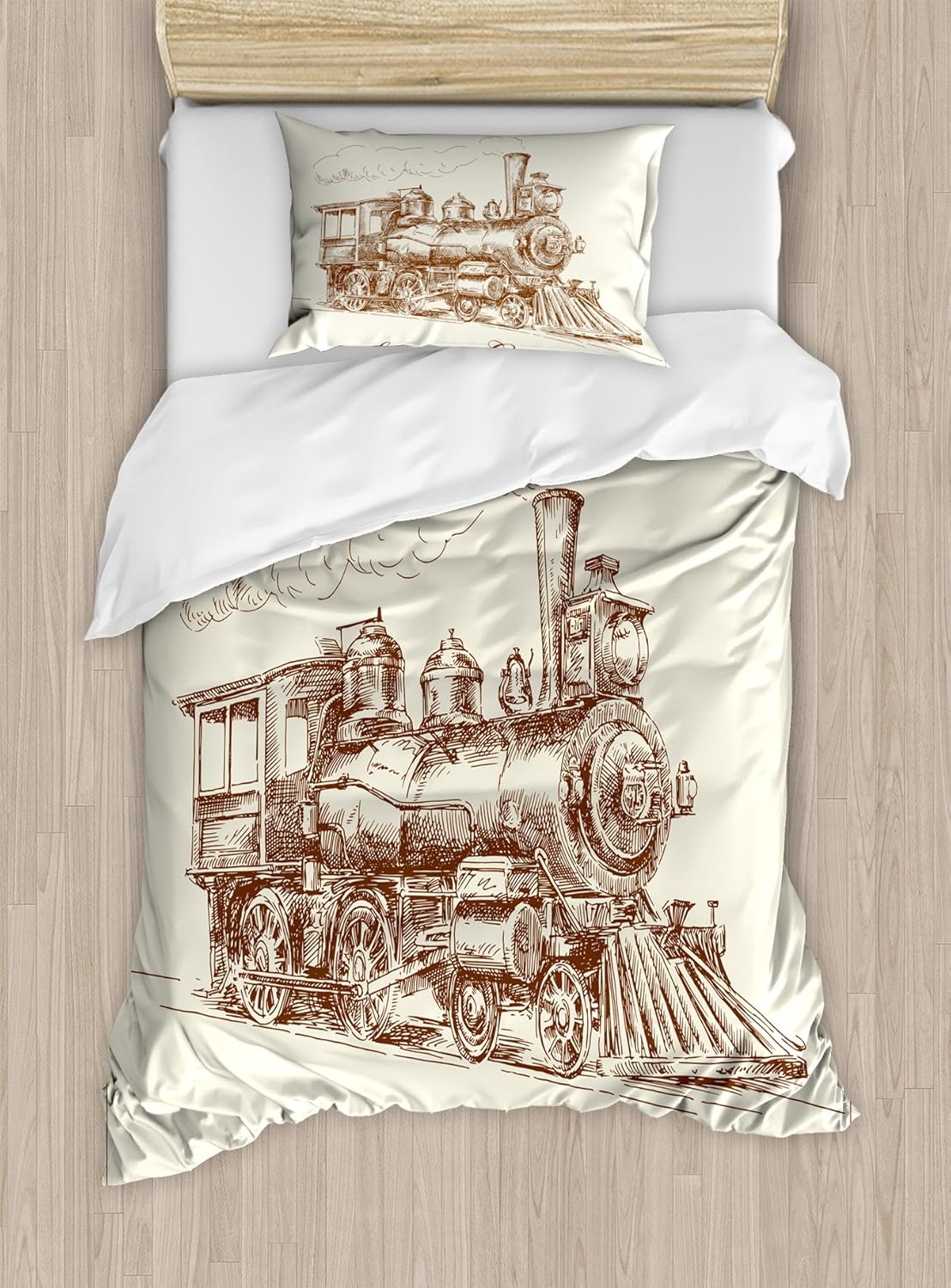 Ambesonne Steam Engine Duvet Cover Set, Old Times Train Vintage Hand Drawn Iron Industrial Era Locomotive, Decorative 2 Piece Bedding Set with 1 Pillow Sham, Twin Size, Caramel Ivory