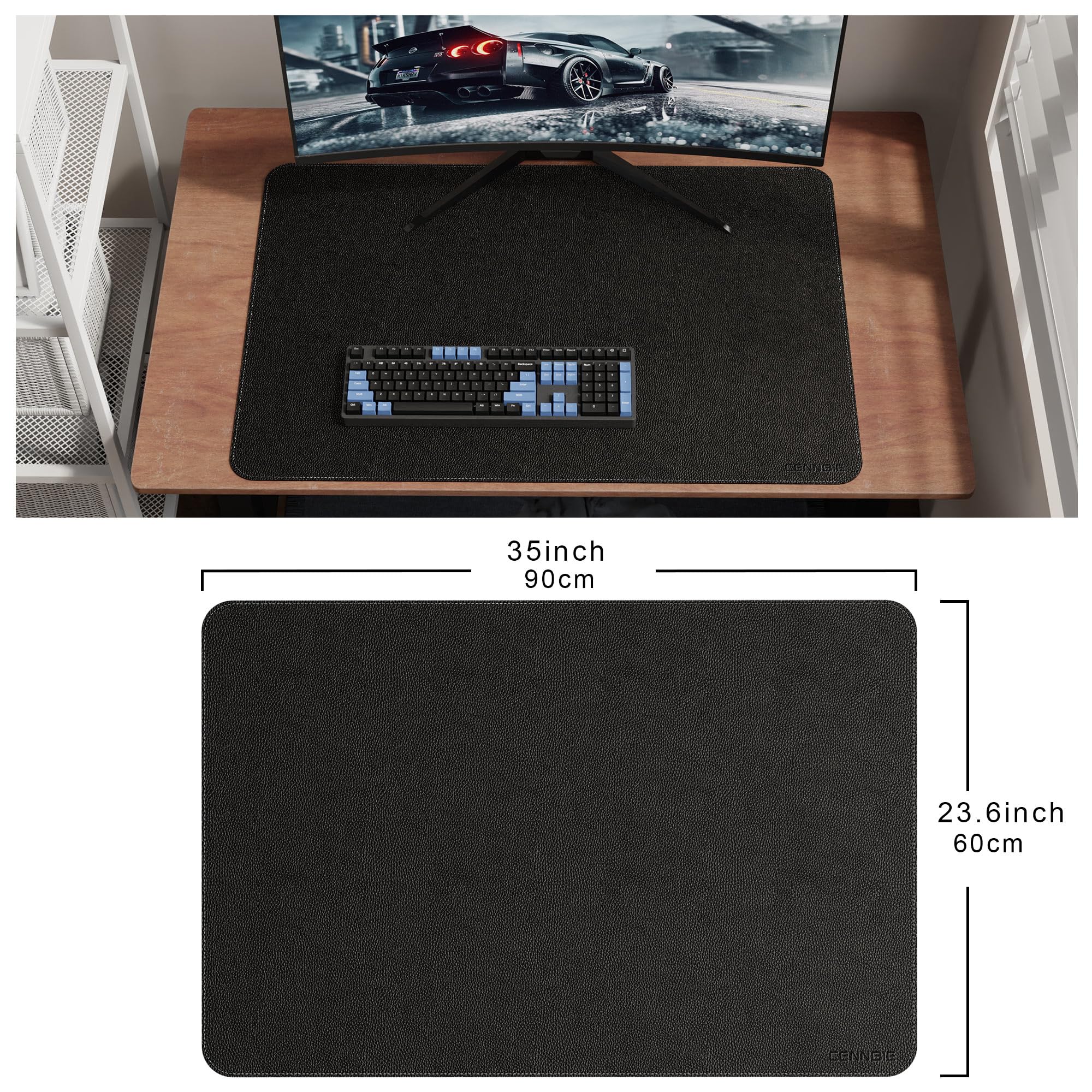 CENNBIE Alfombrilla de Escritorio de Piel 90x60cm XXL, Protector de Mesa Impermeable y Antideslizante, Alfombrilla de Ratón Grande para Oficina y Hogar (Negro)