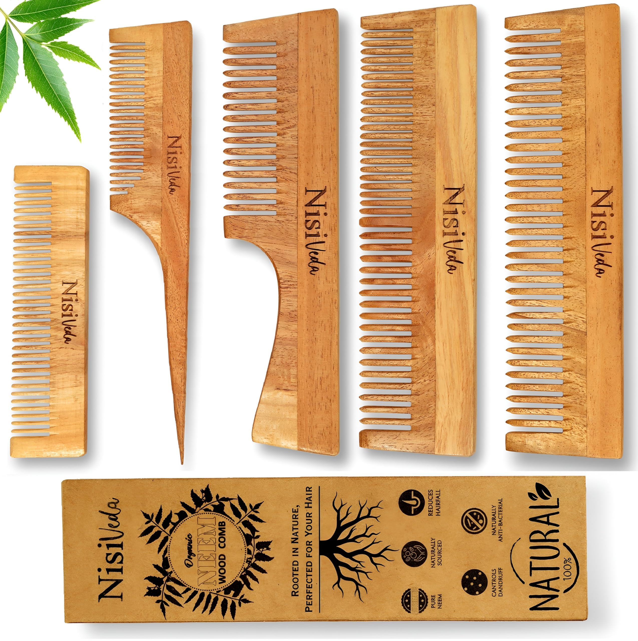 Kacchi Neem Wood Comb, Oil & Herb Treated for Scalp Health, Anti-Static Design, Prevents Hair Frizz & Breakage, Natural Hairfall Relief and Gentle Detangling for Healthy Hair Growth (Pack of 5(Pocket+Tail+Handle+Dual+Single comb))-image-14