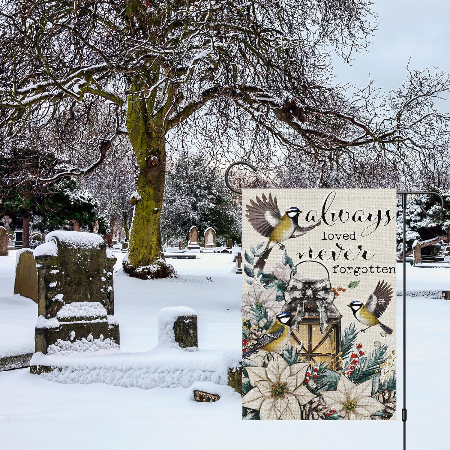 Heyfibro Always Loved Never Forgotten Memorial Garden Flag 12x18 Double Sided Burlap, Christmas Winter Birds Flower Yard Flags for Seasonal Xmas Rustic Outdoor Cemetery Decoration (ONLY FLAG) - Image 3