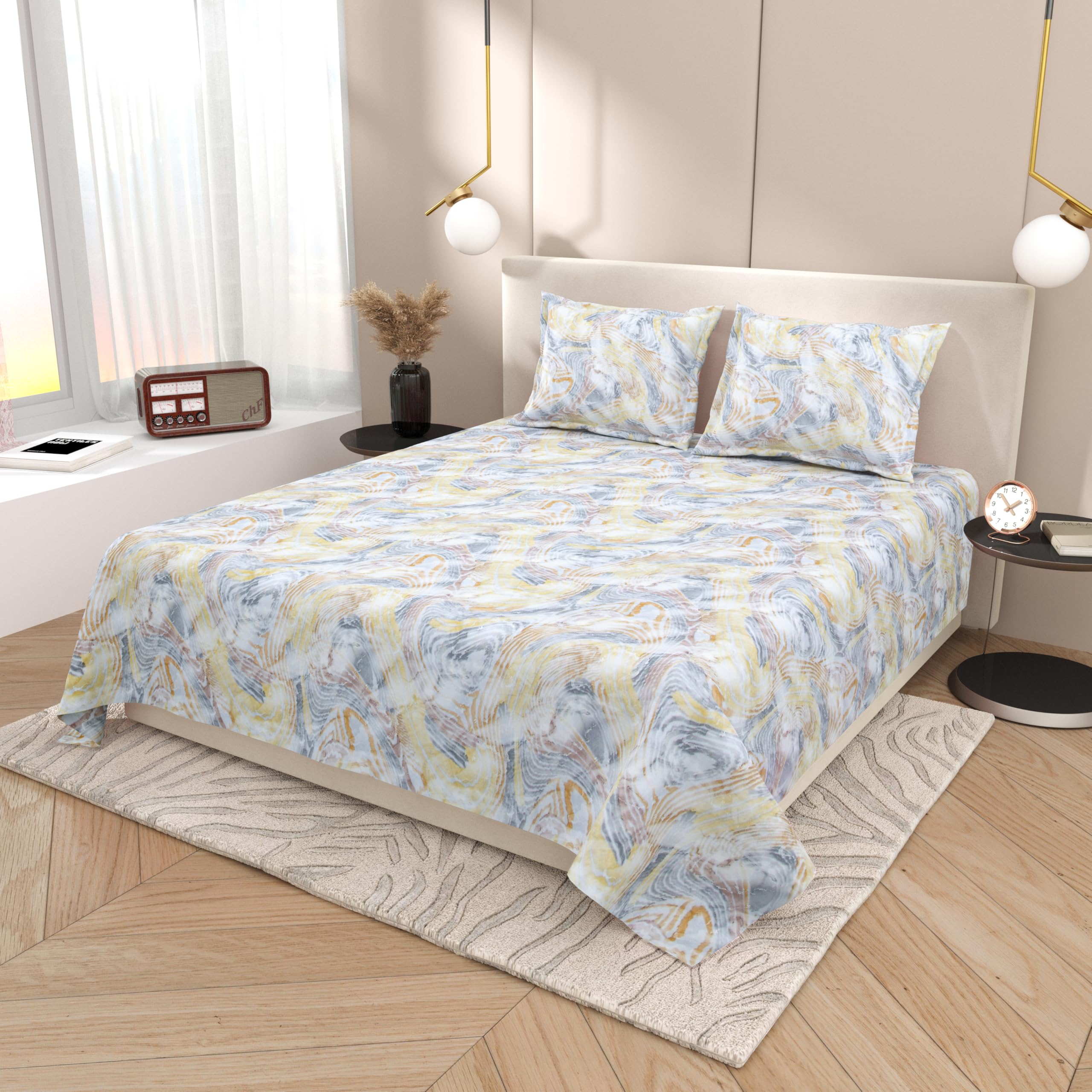 INDRA'S Pure Cotton Bedsheet for King Size Bed | 250 TC | Marble Printed | 1 Piece Cotton bedsheet with 2 Pillow Covers (275 x 275 cm) (Grey-Yellow)-image-8