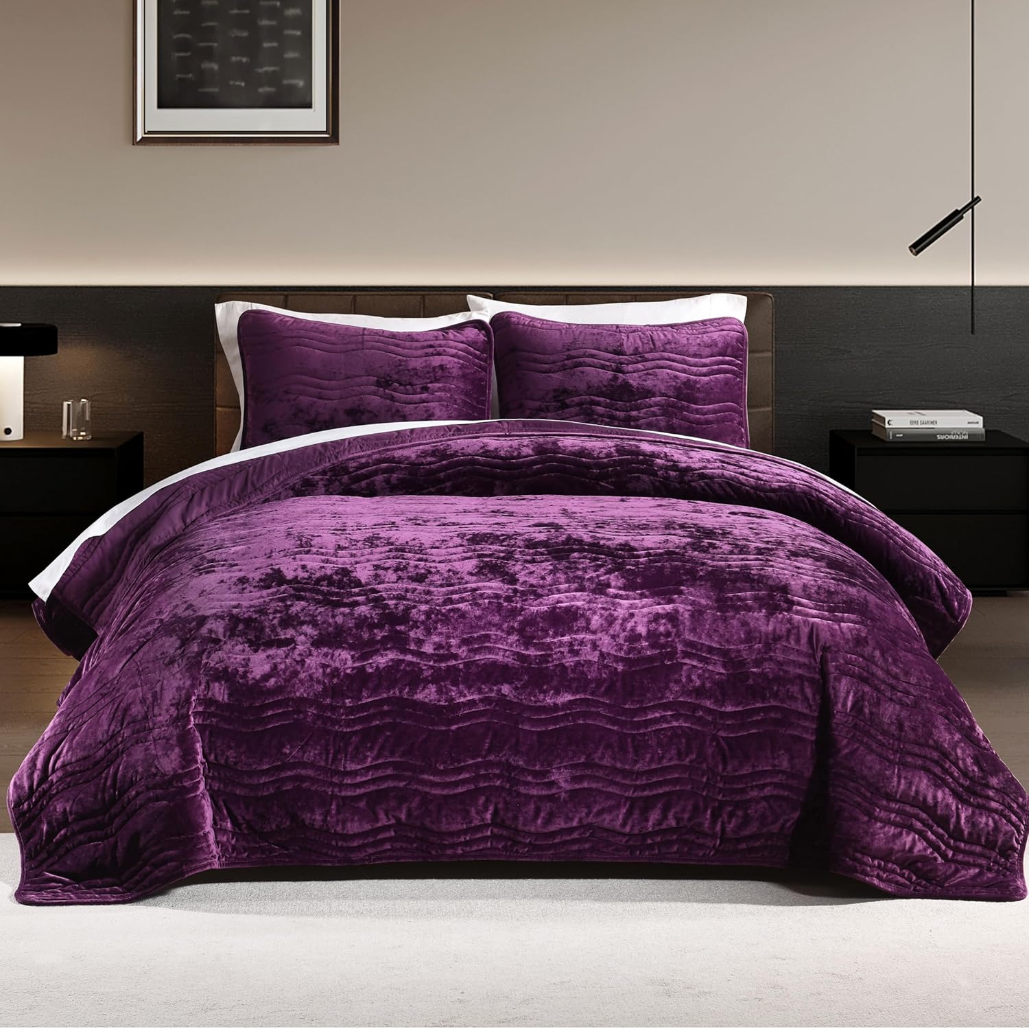 AJOCCI Velvet Quilt, Purple Bedding Comforter Sets, Luxury Plush Queen Comforter Set,Soft Plush Queen Bedspread, Machine Washable Coverlet, All-Season 3 Pieces