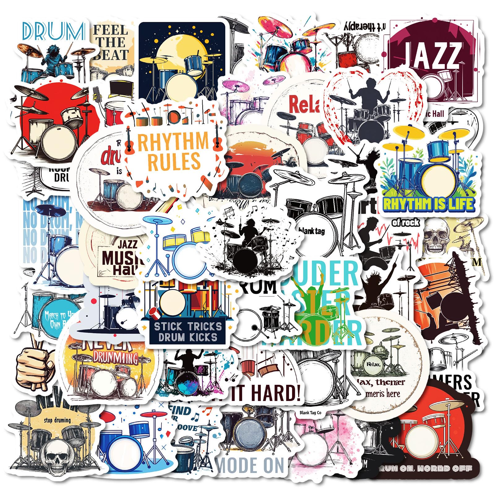 50 Pieces Drum Kit Stickers for Water Bottle|Vinyl Waterproof Sticker Laptop Skateboard Phone Car Decals for Teens Adults Party Favors Supplies Decor (Drum Kit Decals) โ image 1