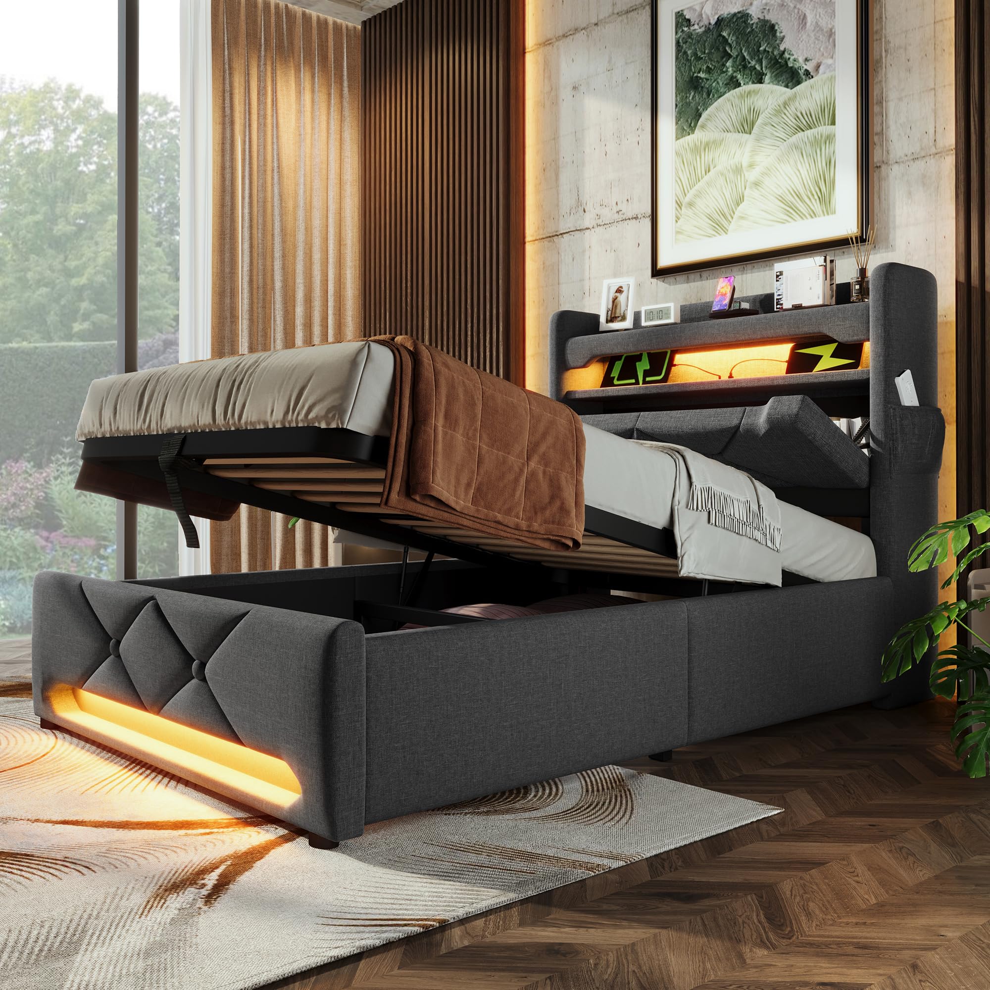 Łóżko tapicerowane 90 x 200 cm, łóżko pojedyncze z USB/typ C i oświetleniem LED, rama łóżka z hydraulicznym schowkiem, łóżko do przechowywania z materacem, lniano-szare, 7-strefowa zimna