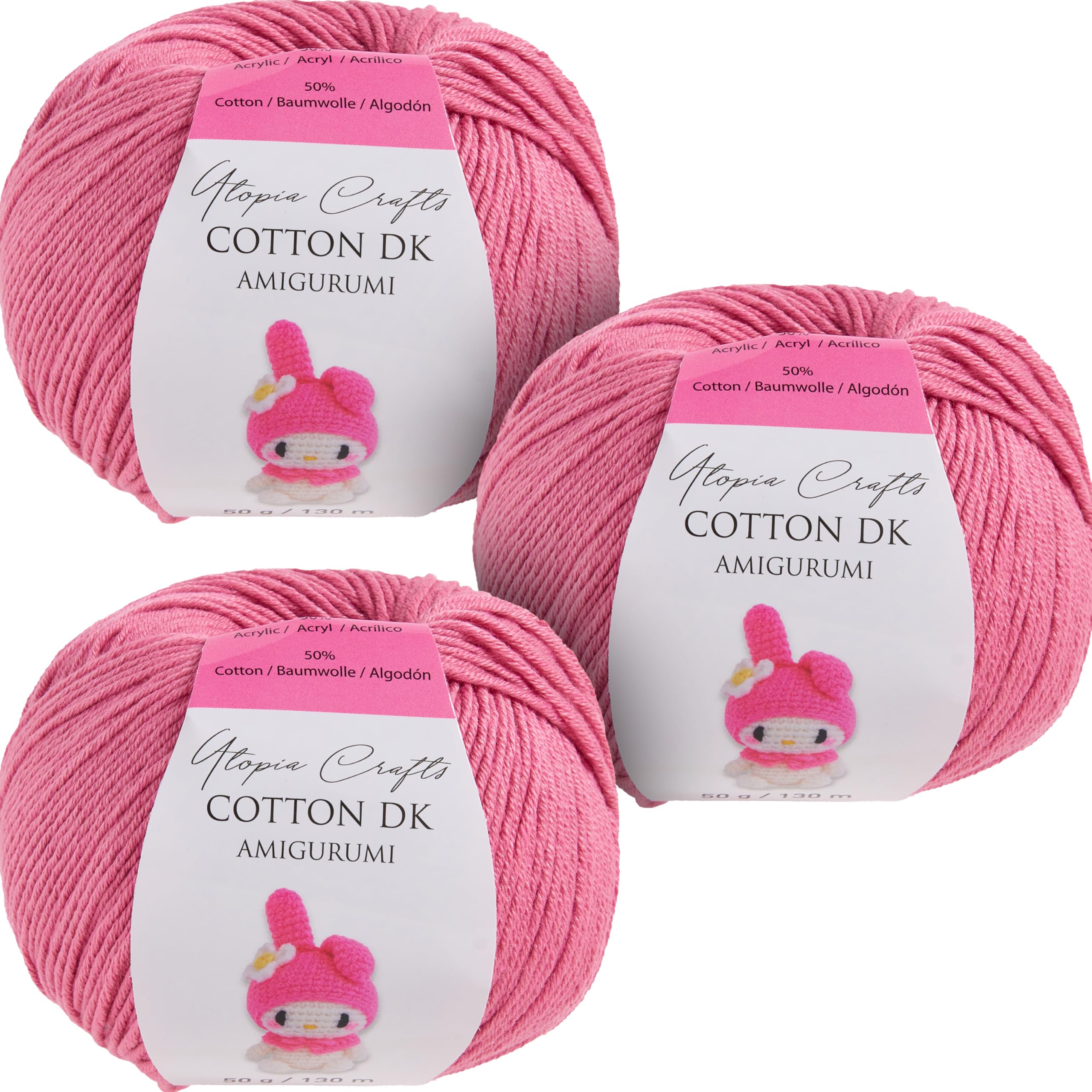 Utopia Crafts Amigurumi Cotton DK Yarn for Crochet and Knitting 50% Cotton, 50% Acrylic Blended, 3X 50g (Pale Pink)