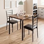3-Piece Kitchen Table Set (Table + 2 Chairs) – Square Dining Table with Padded Seats (Metal & Wood) for Small Spaces (Brown+Black)