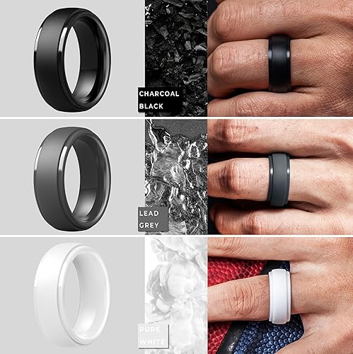 Miniatura 83 de ThunderFit Anillos de boda de silicona para hombre, 0.394 in de ancho y 0.098 in de grosor, paquete múltiple de variedad 1-7 Pack A: Negro