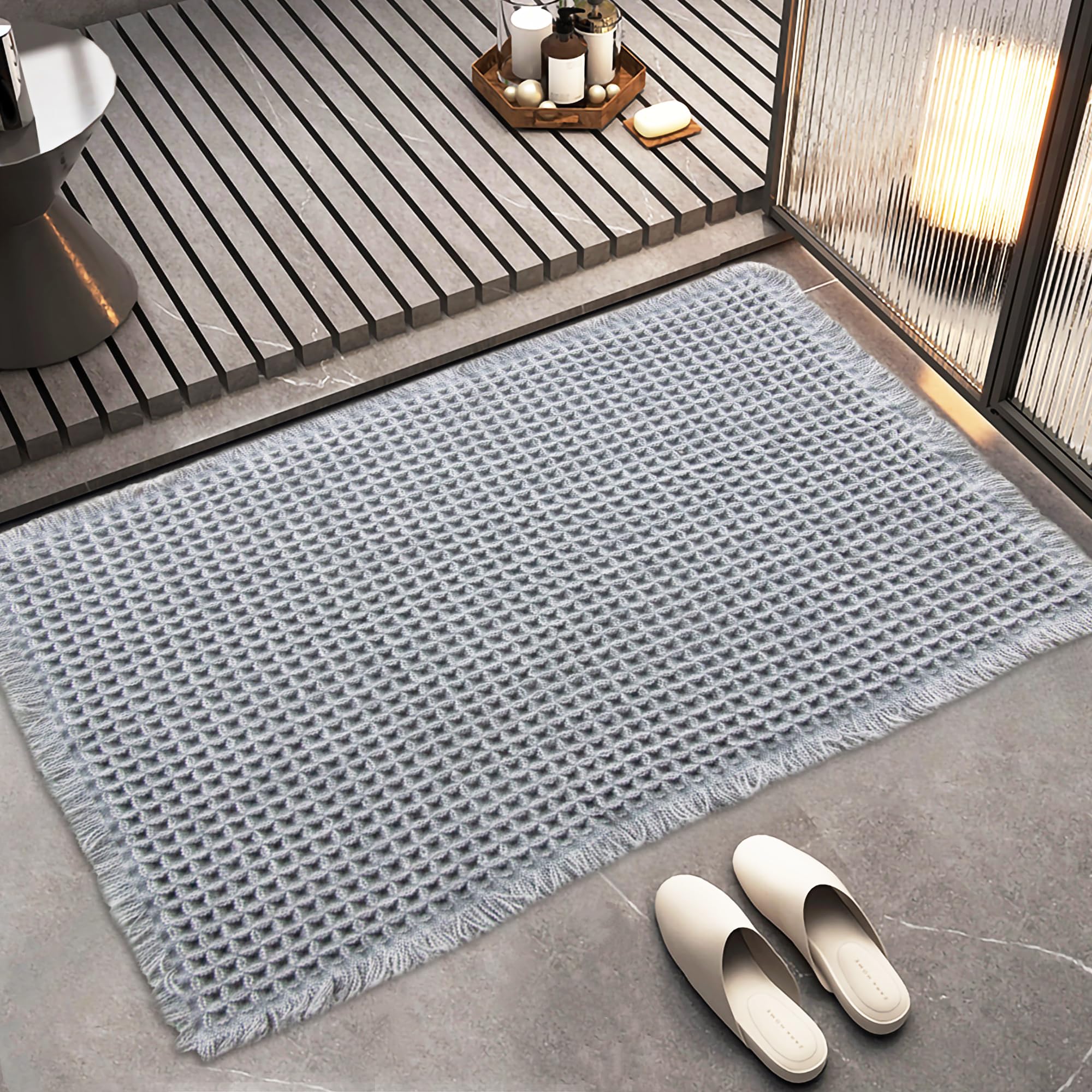 YCTMALL Boho Bath Mat, Super Absorbent Non Slip Waffle Bathroom Rug, Washable, Ultra Soft Rubber Backed, 18x30in, Light Grey