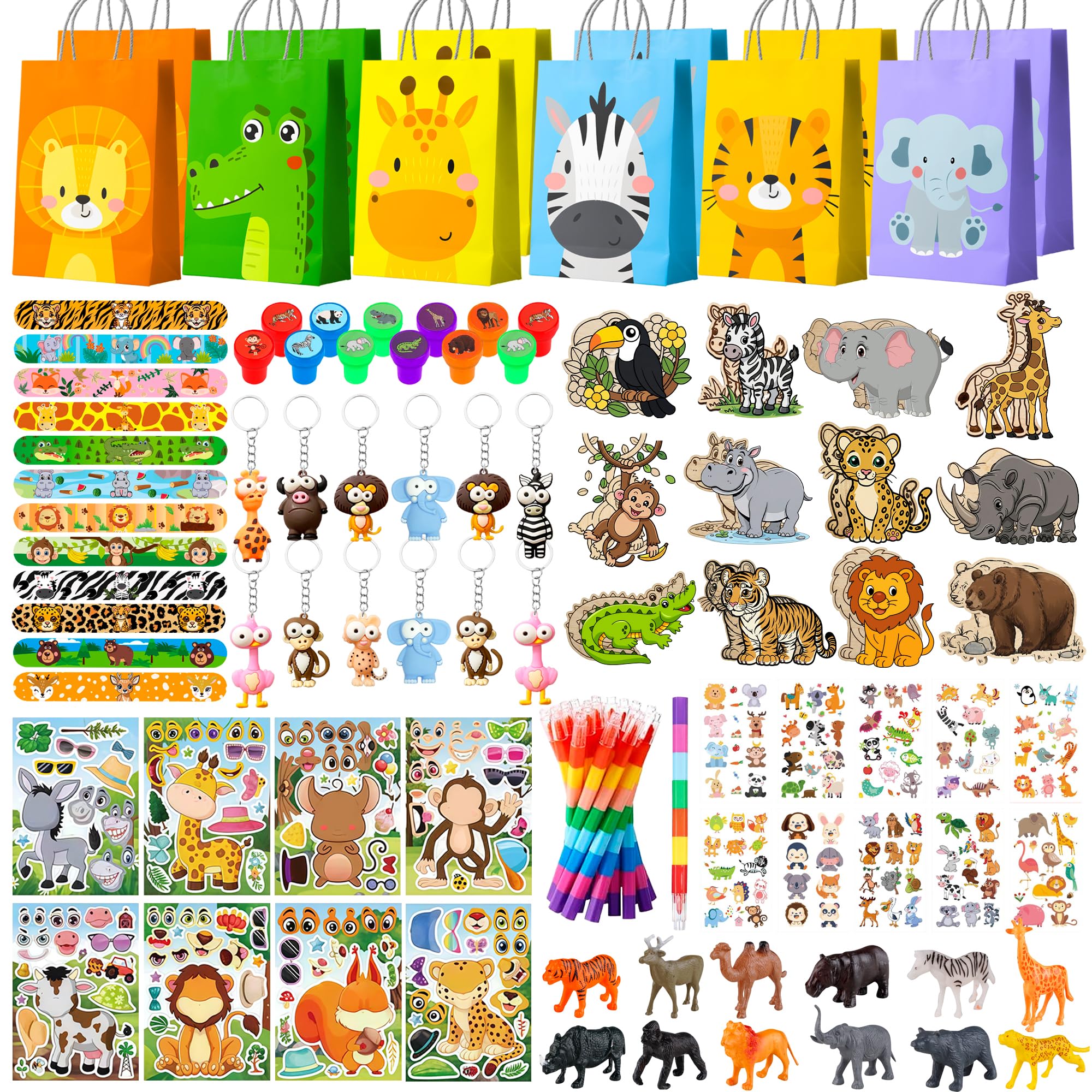Jungle Safari Party Favors,108 Pcs Animal Party Bag Fillers-Safari Party Bags Slap Bracelets Inflatable Headbands Masks Straw etc Jungle Safari Birthday Party Favors for Jungle Theme Party Decorations