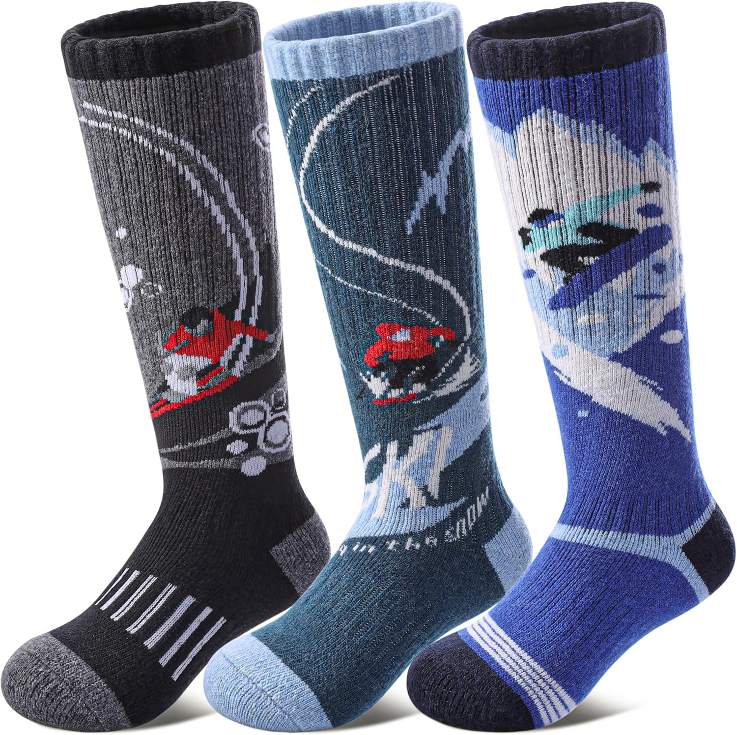 Kids Merino Wool Ski Socks Boys Girls Thermal Winter Warm Thick Cozy Socks for Skiing Snowboarding 3 Pairs