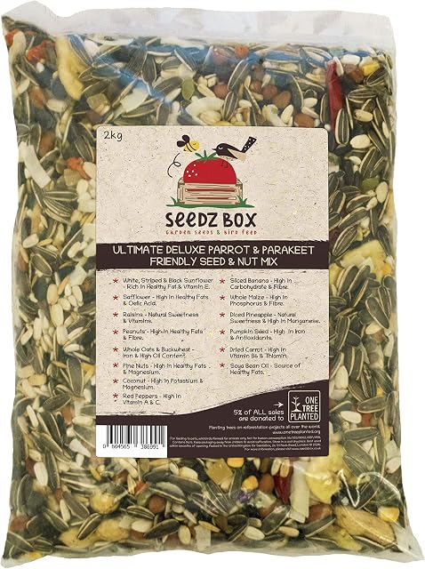 Parrot Food Seed and Nut Mix Feed, SeedzBox Ultimate Deluxe, Natural Healthy Pet Treats and Snacks Contains Banana, Pumpkin Seeds, Peanuts and Whole Oats Fats and Fibre 2kg Bag
