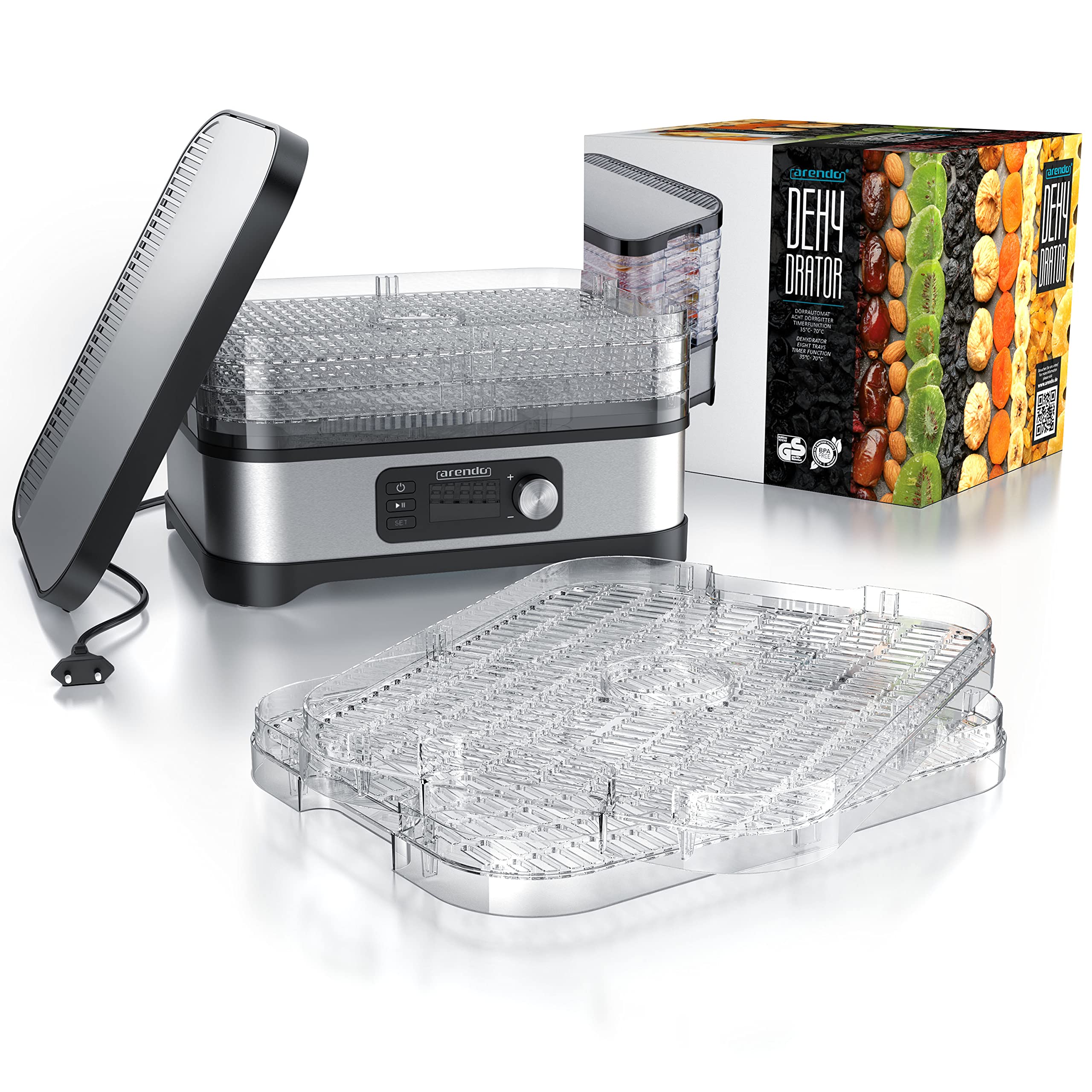 Arendo - Essiccatore con regolatore di temperatura 400 W - disidratatore in acciaio inox per alimenti, carne, frutta e verdura - con timer fino a 24 h - 35-70 gradi - 5 scomparti - GS - Disidratatore
