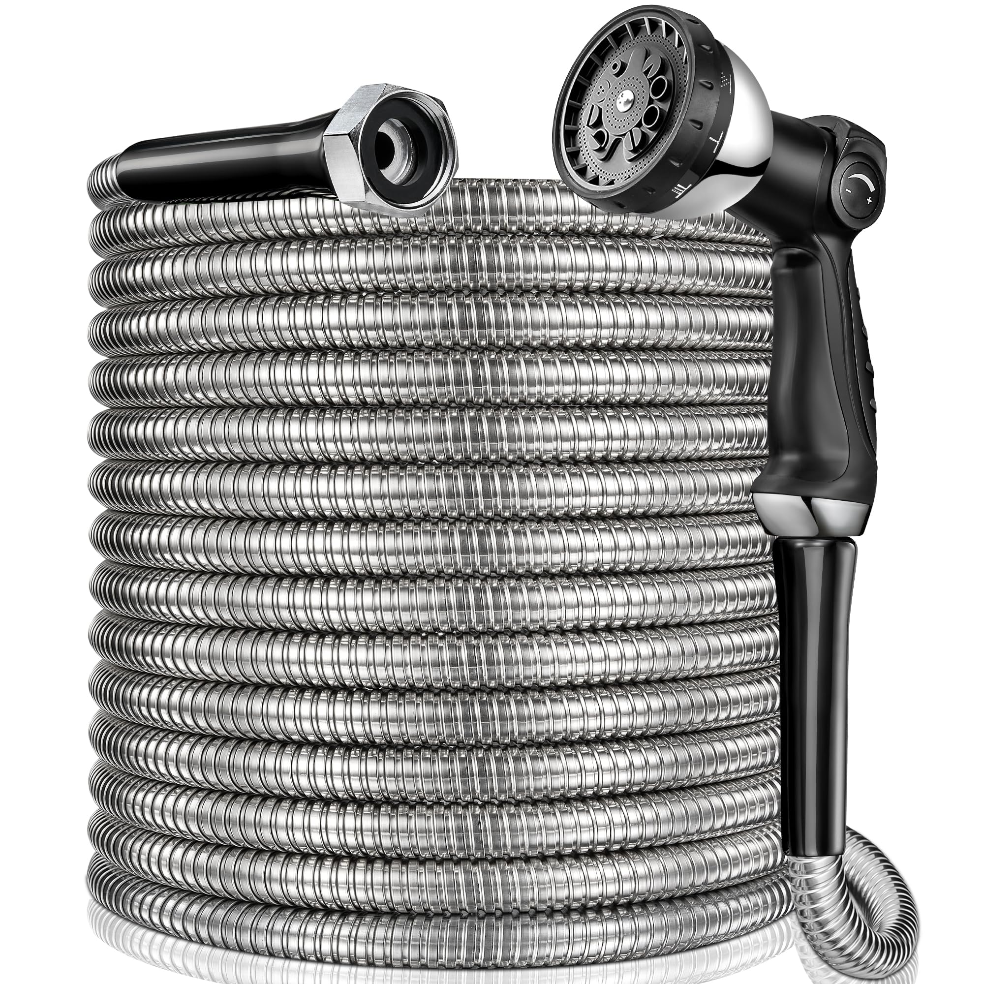 65 ft Garden Hsoe - 2025 Upgraded 304 Stainless Steel Garden Hose with 10-Function Spray Gun, 3/4'' Copper-Chrome Fittings – Lightweight, Durable, and Kink-Free, Metal Water Hoses for Gardening