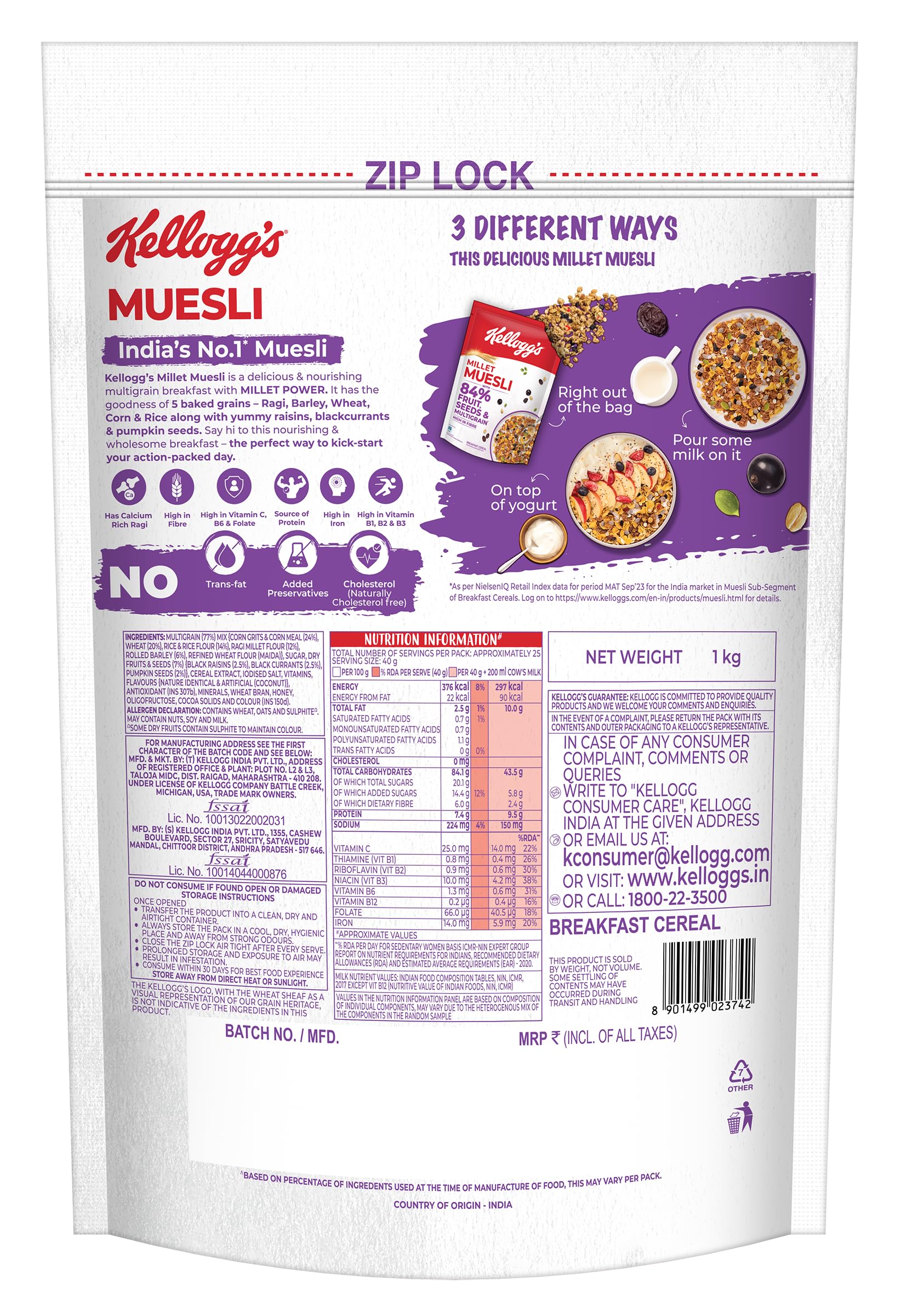 Kellogg's Millet Muesli with 84% Fruit, Seed & Multigrain 1000g | High in Fibre | Multigrain Breakfast Cereal - Image 2 thumbnail