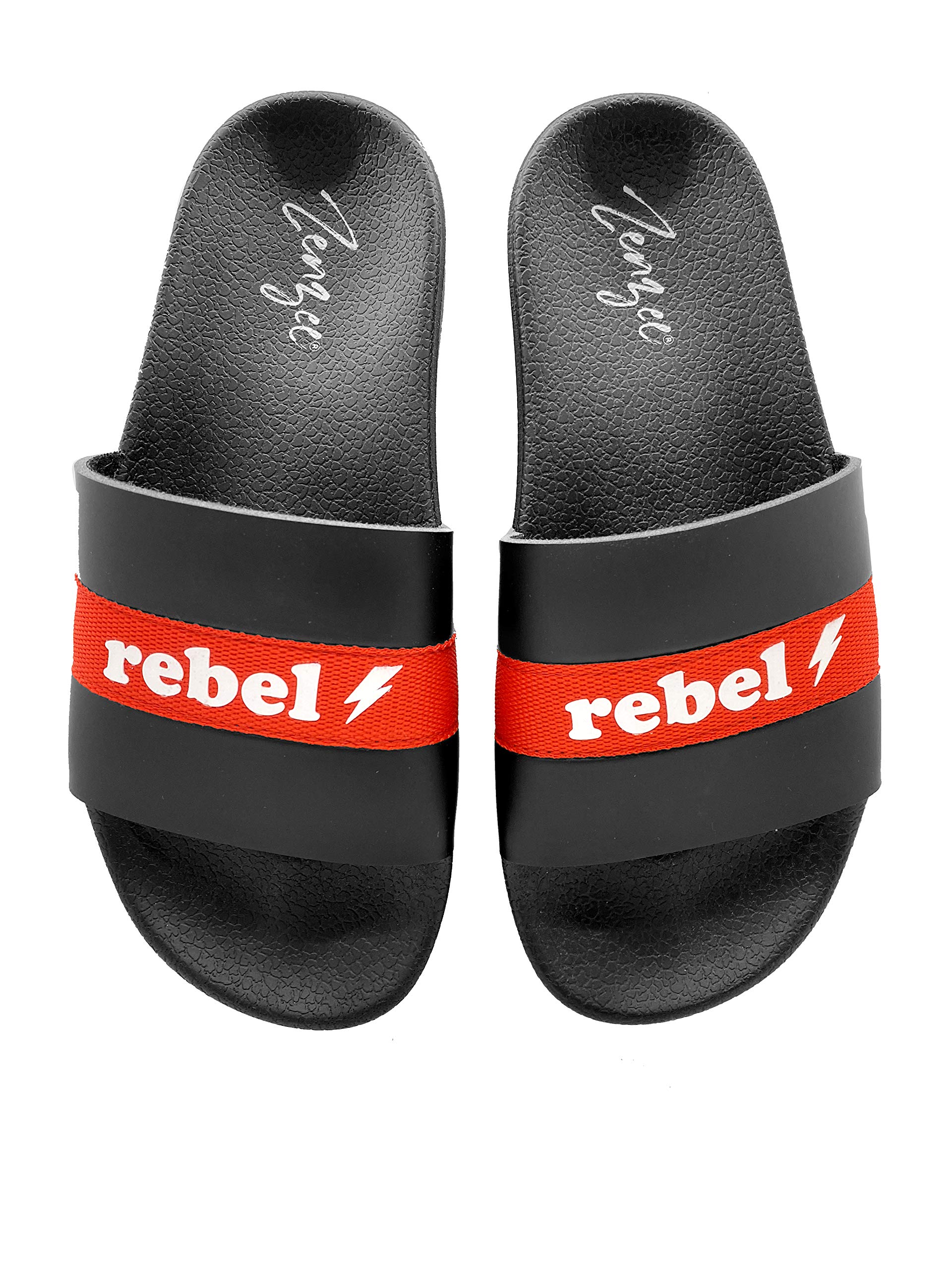 Zenzee Rebel Rebel Slip-On Pool Slide Sandals by Designer, Black and White with Red Strap