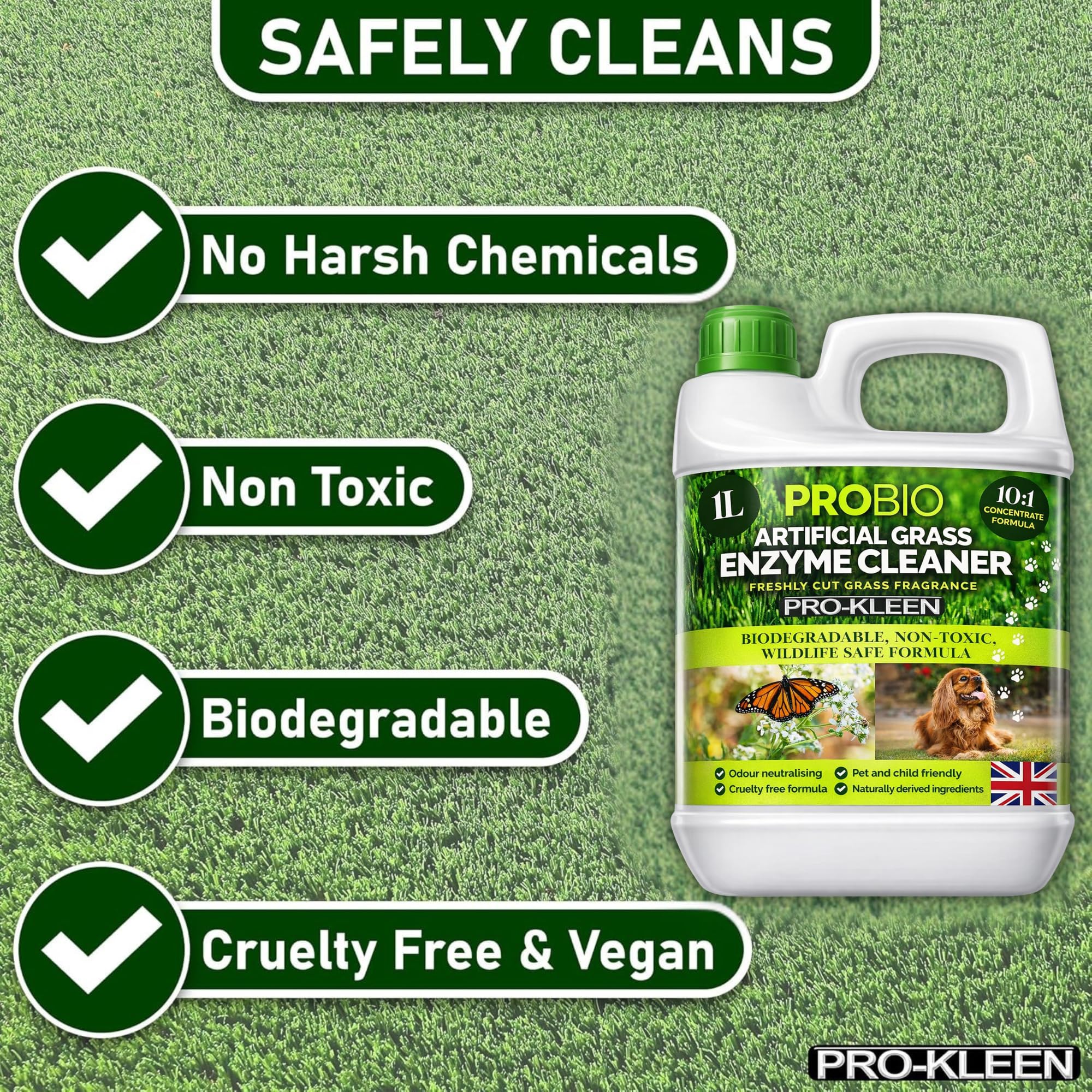 Pro-Kleen ProBio Nettoyant pour gazon artificiel à base de probiotiques Désodorisant Éliminateur d'odeurs 1 L Non toxique Sans cruauté envers les animaux Pour les enfants et les animaux domestiques