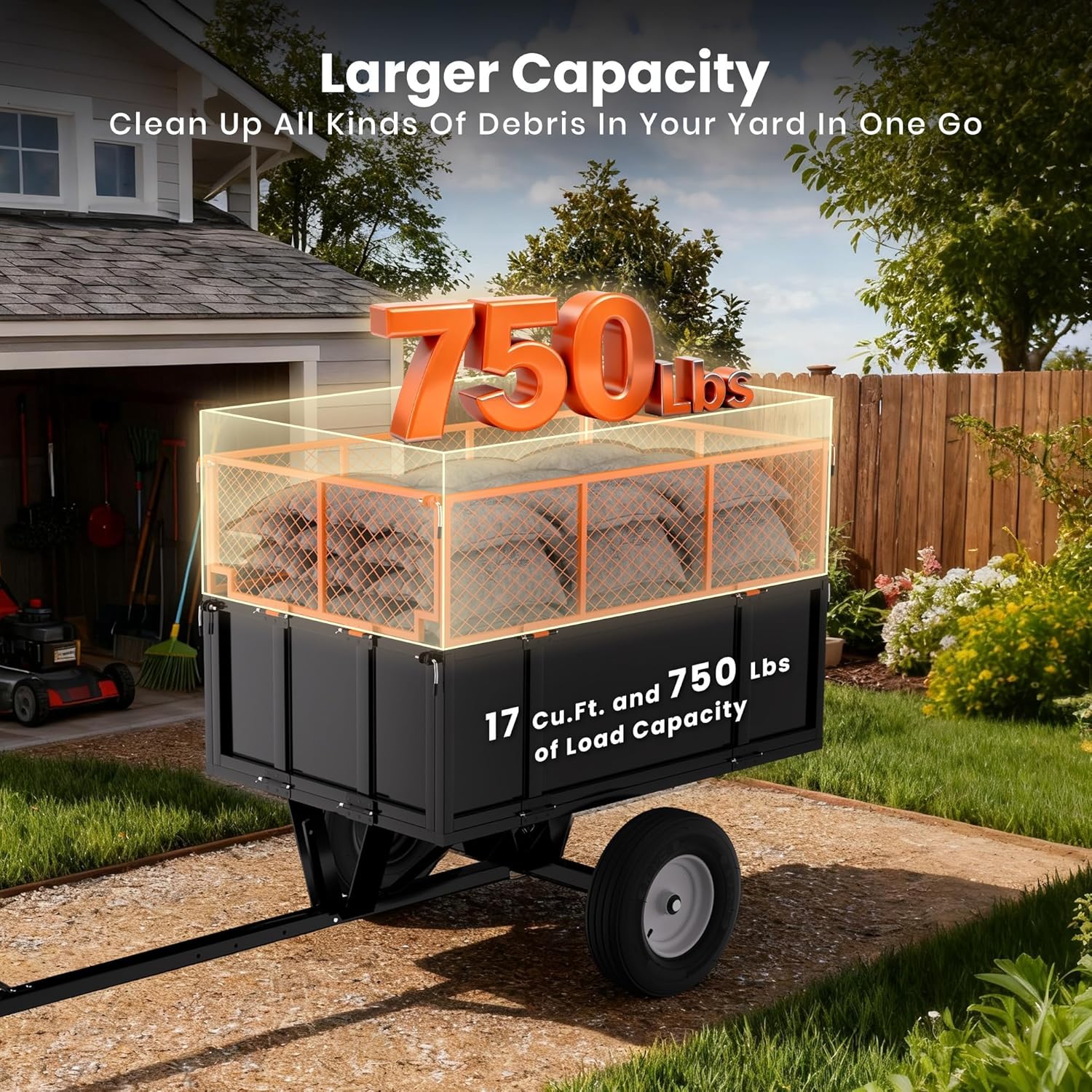 Heavy Duty 17 Cu.Ft Steel Utility Trailer – 750 lbs Capacity Dump Trailer with Quick Release, Mesh Sides, All-Terrain Tires, Hitch for ATV, UTV, Mower, Yard & Garden Cart