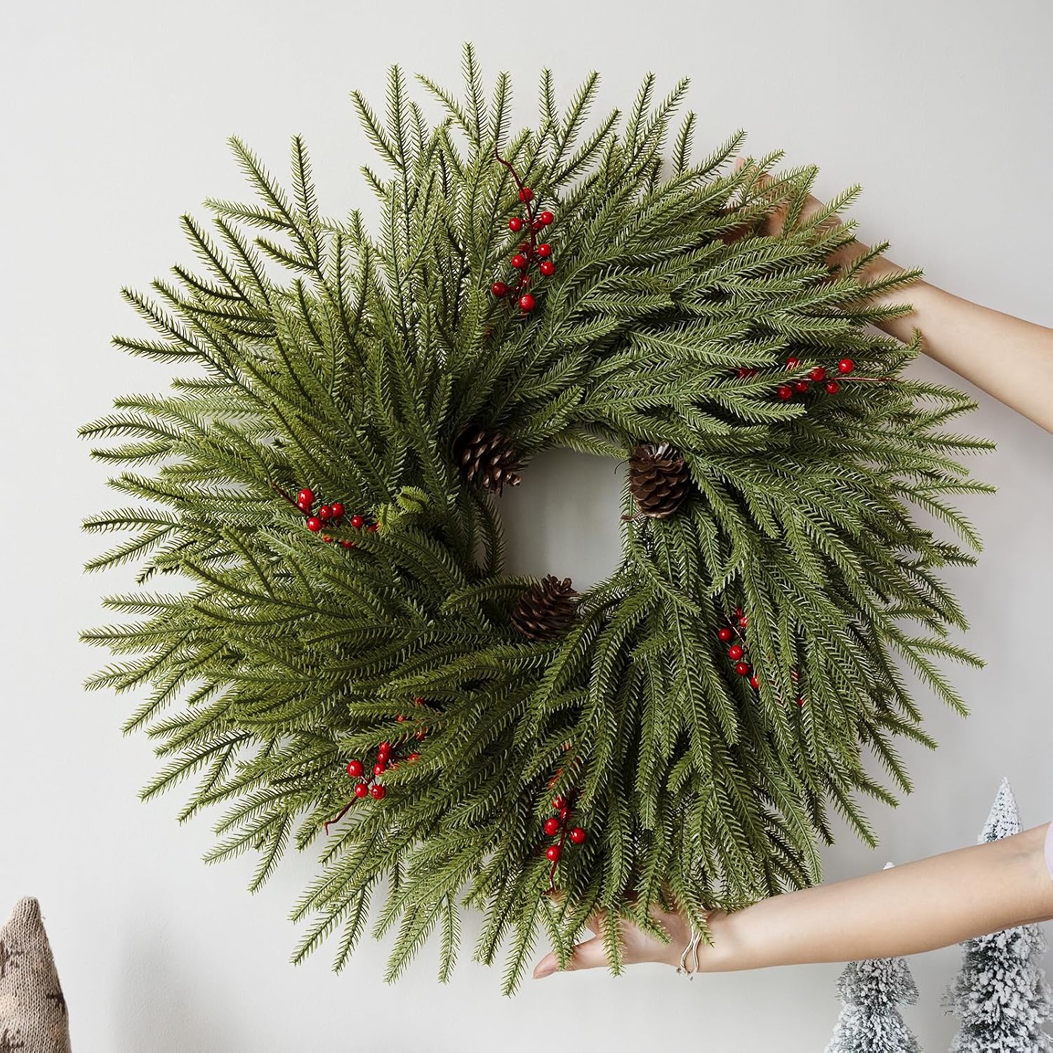 Artificial Christmas Wreaths for Front Door, 24" Large Winter Pine Wreath with Red Berries Pine Cones, DIY Friendly Real Touch Door Wreath for Wall Window Porch Farmhouse, Indoor Outdoor Xmas Decor