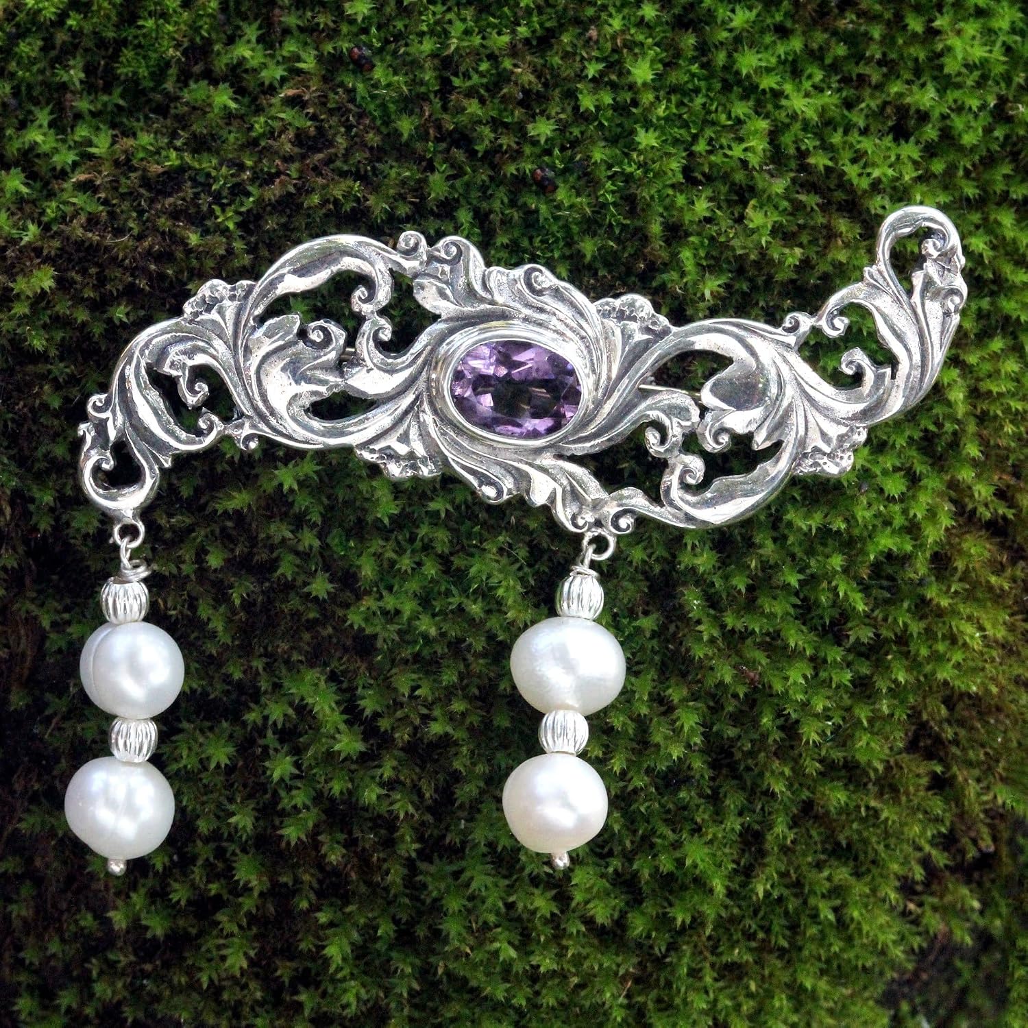 NOVICA Artisan Handmade Cultured Pearl Amethyst Brooch Pin Sterling Silver Purple White Indonesia Birthstone [1.6 in L x 2.1 in W] ' Misty Dew'