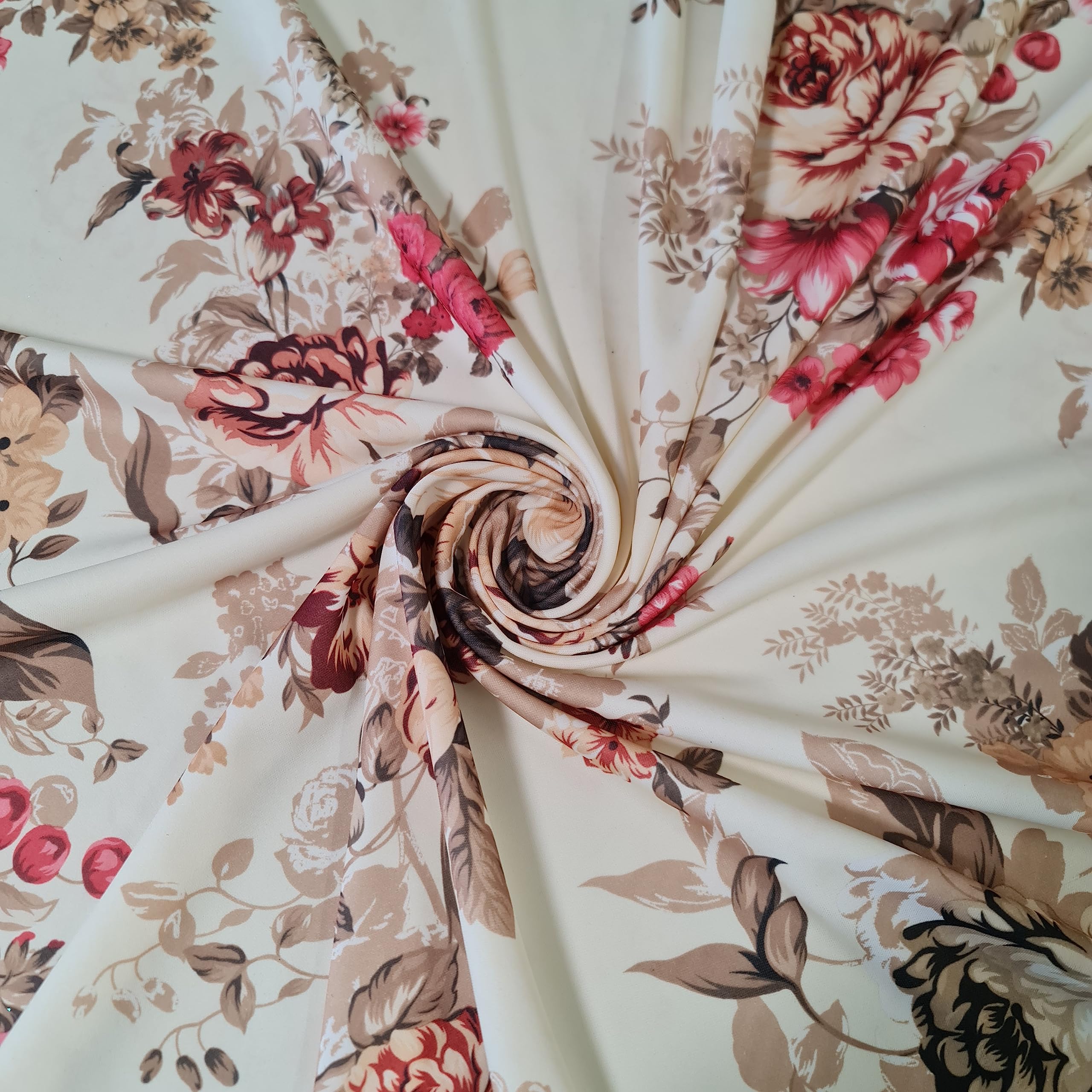 Scuba Crepe Breathable Superior Quality Stretch Wet Suit Dress Fabric 140cm Wide (2 Meter, Cream Floral) โ image 1