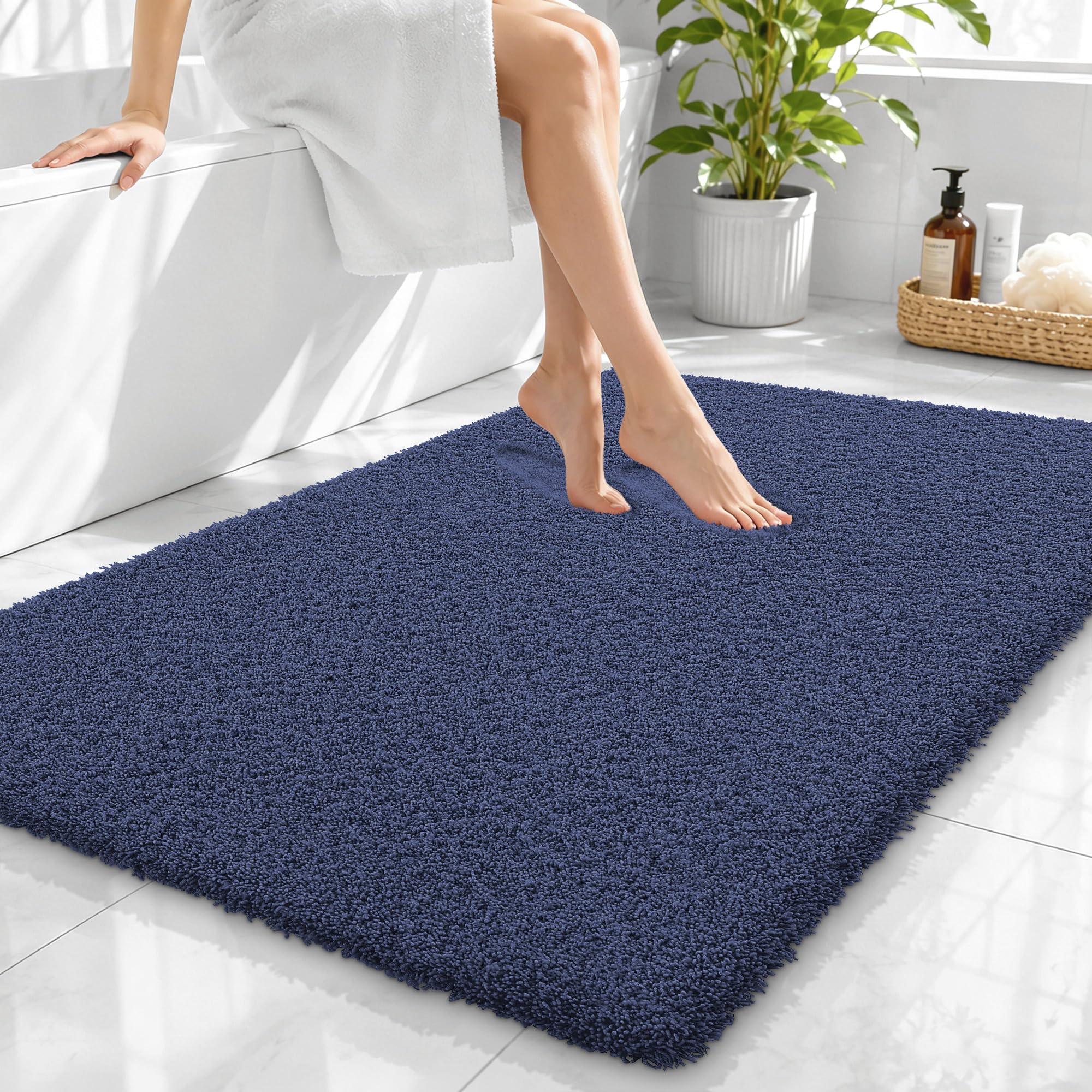 OLANLY Microfiber Large Bathroom Rugs 40x32, Soft Absorbent Bath Mat, Navy