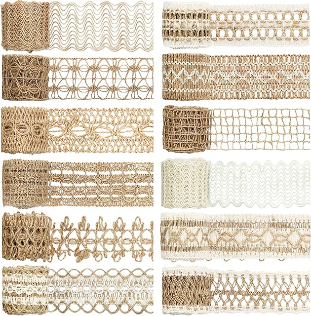 Uooker 12 Rolls Hessian Ribbon, Jute Ribbon Natural Burlap Ribbon Roll with Lace Craft Ribbons, Hessian Fabric Lace Trim, Lace Ribbon, for DIY Arts and Crafts Wrapping Wedding Christmas Party
